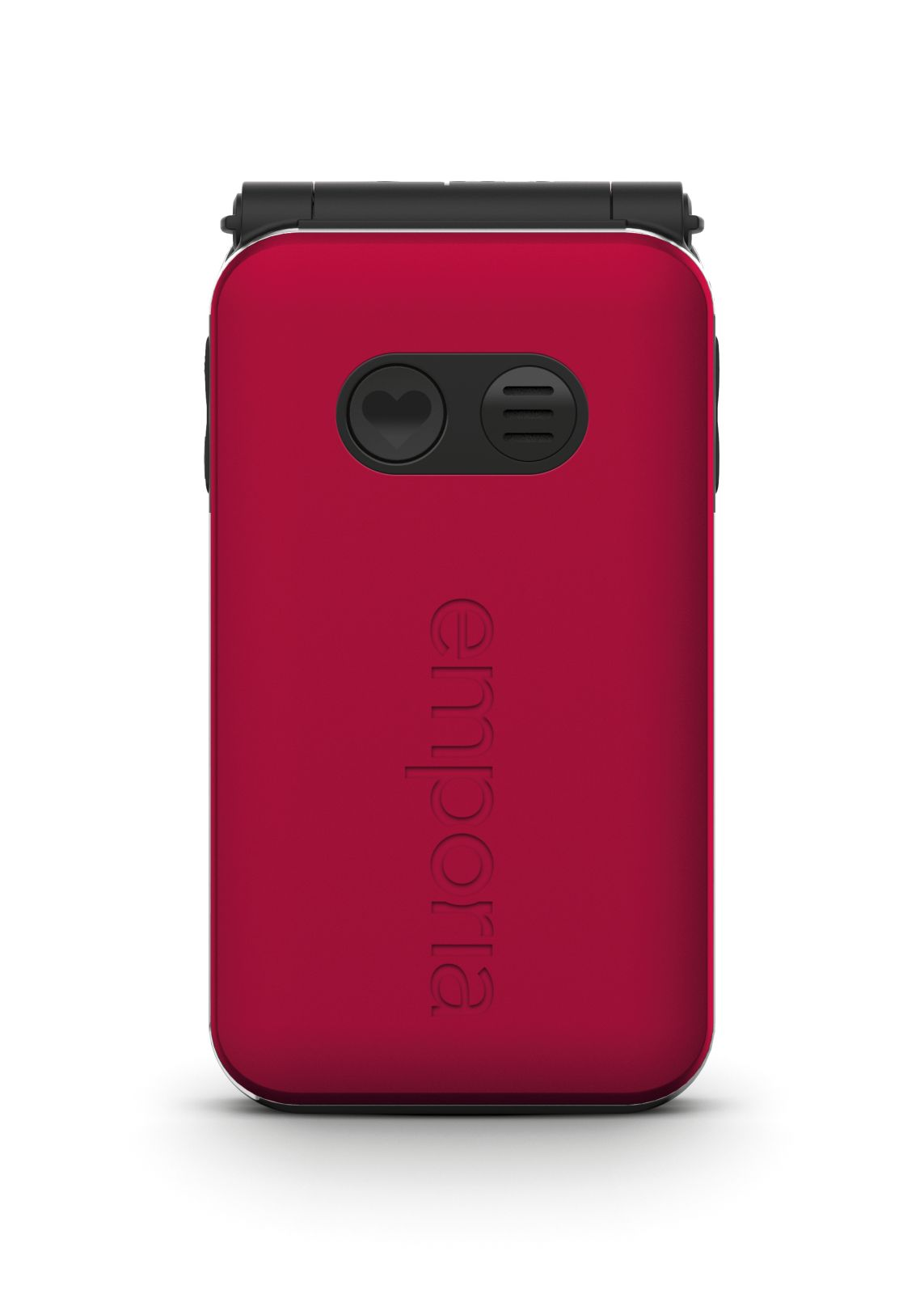 Rotes Klapphandy mit Herz- und Menüsymbolen auf der Rückseite. Markenname 'emporia' ist eingeprägt.