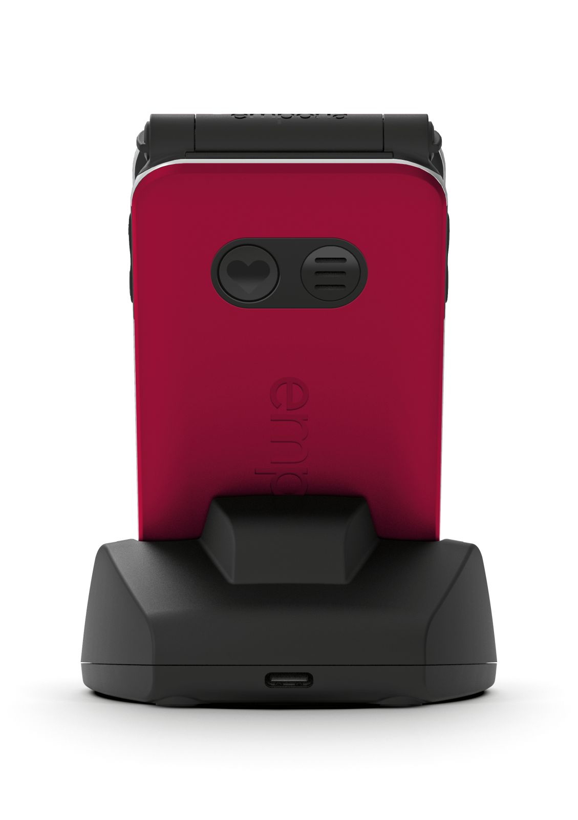 Rotes Klapphandy mit Ladekontakten und Logo auf schwarzem Ständer.