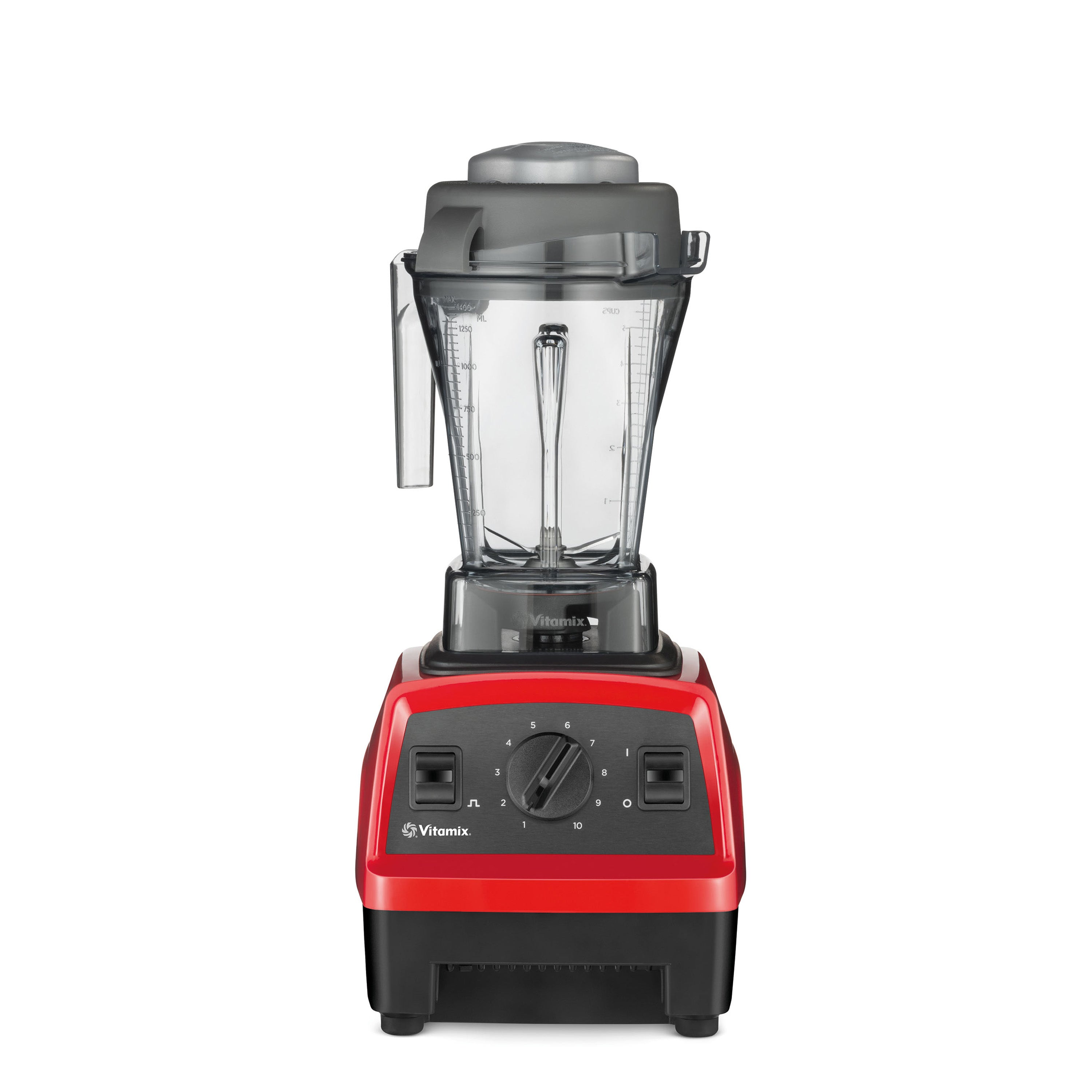 Ein roter Vitamix-Standmixer mit schwarzer Basis und Glasbehälter.