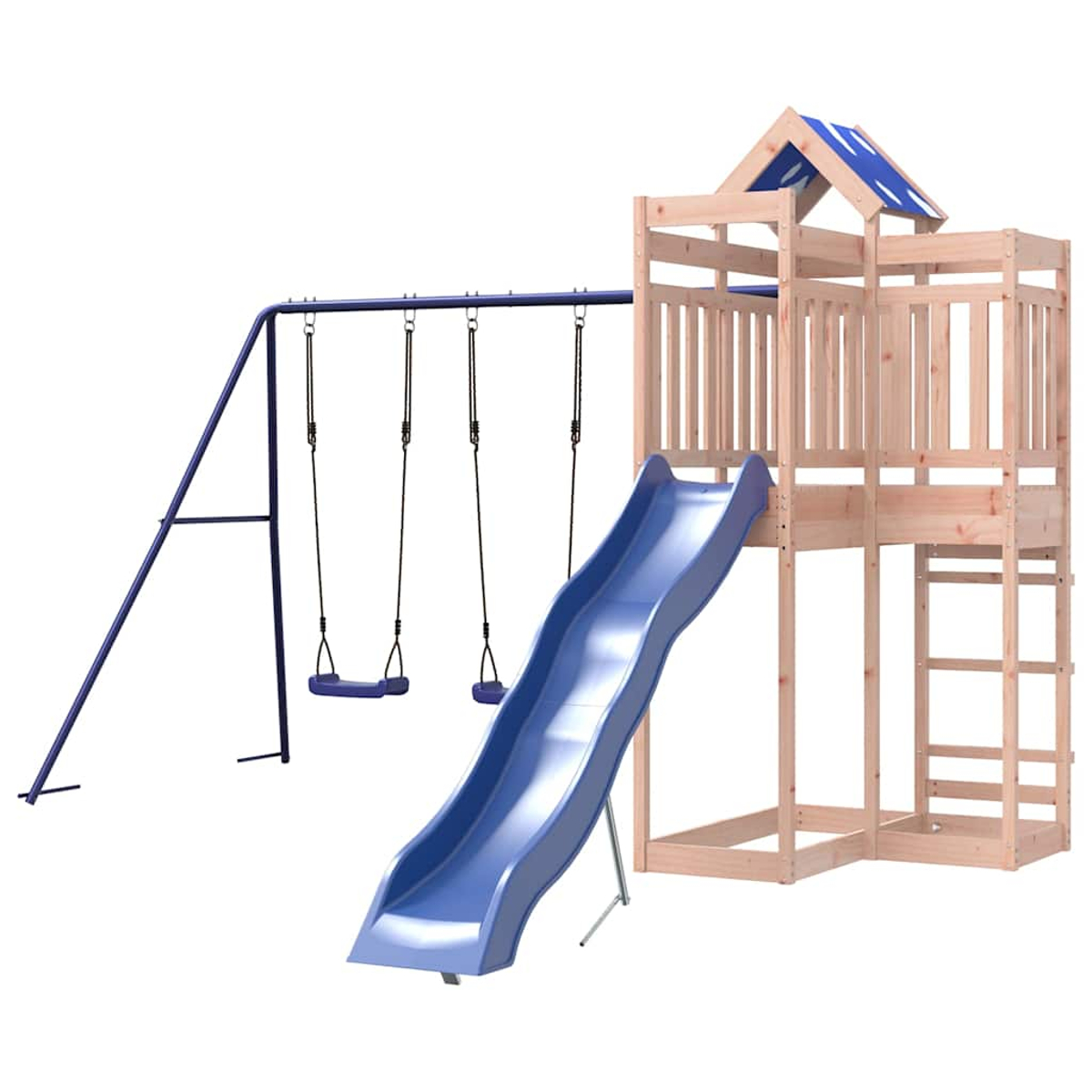 Ein hölzerner Spielturm mit Rutsche und Schaukeln auf weißem Hintergrund.