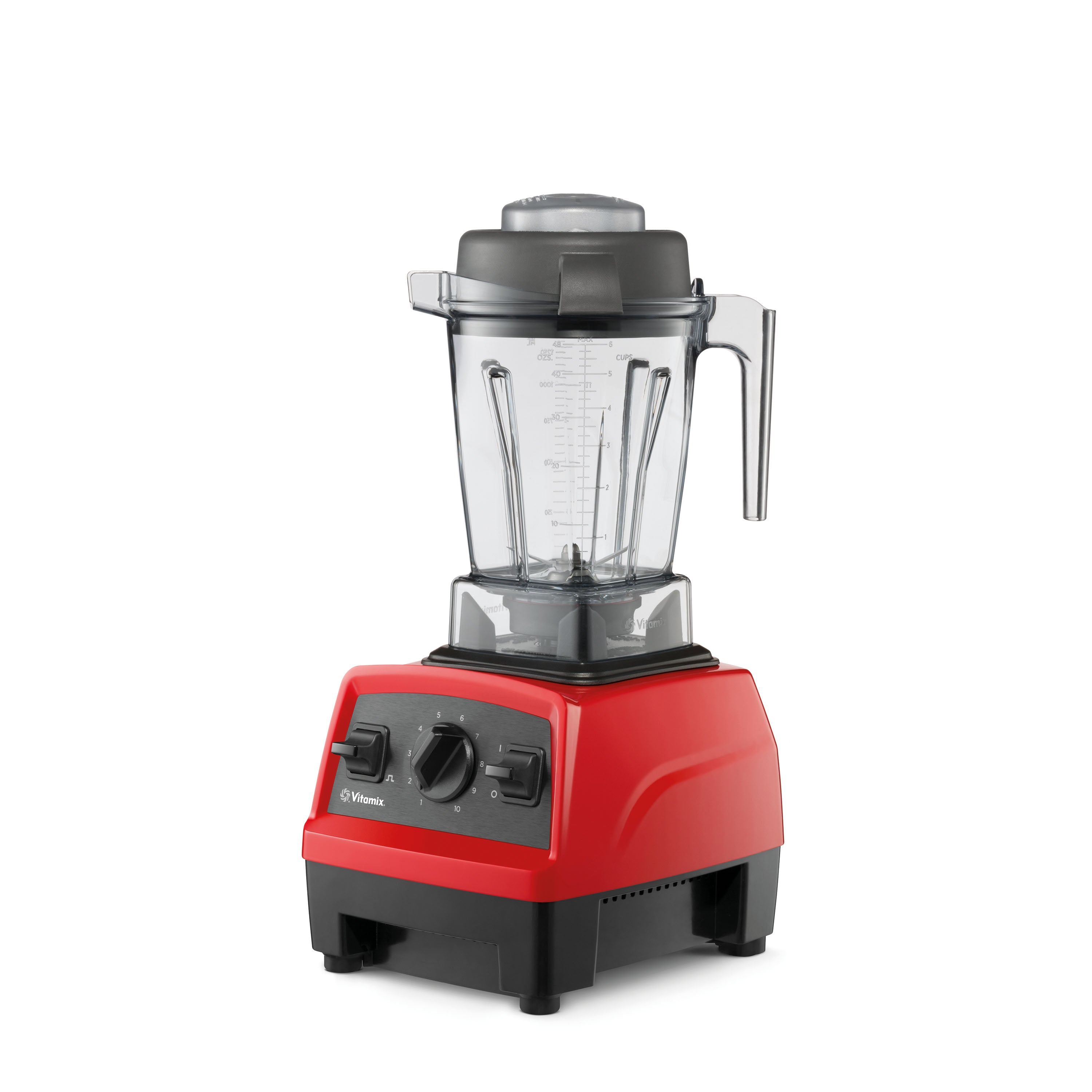 Roter Mixer mit schwarzem Sockel, durchsichtigem Behälter und silbernem Deckel.