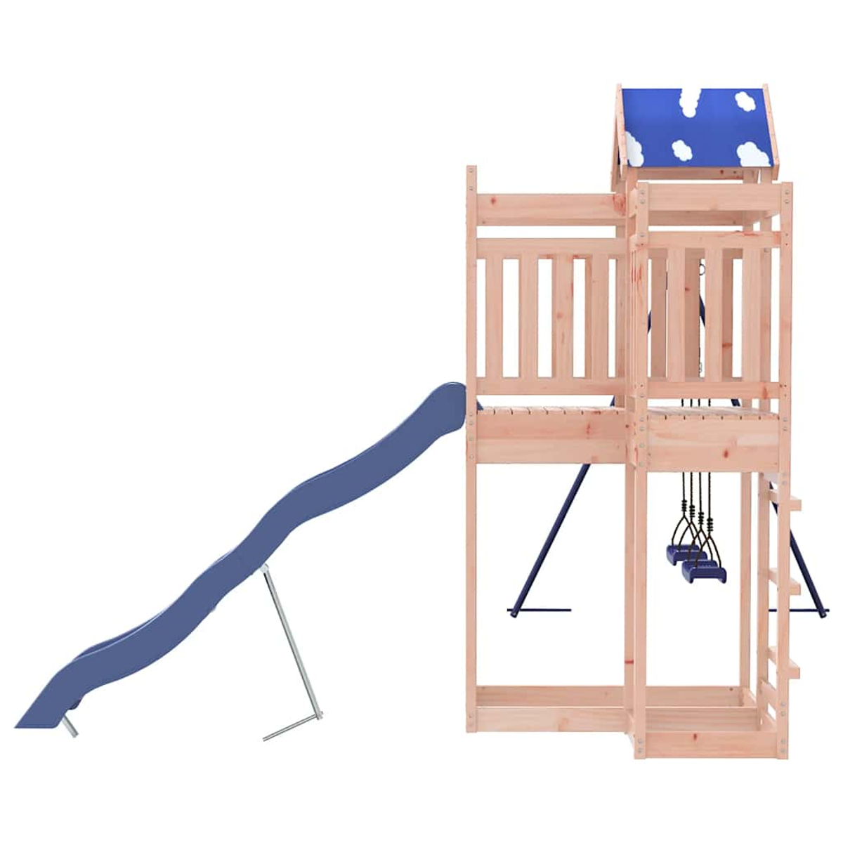 Holzspielturm mit blauer Rutsche und Schaukeln.