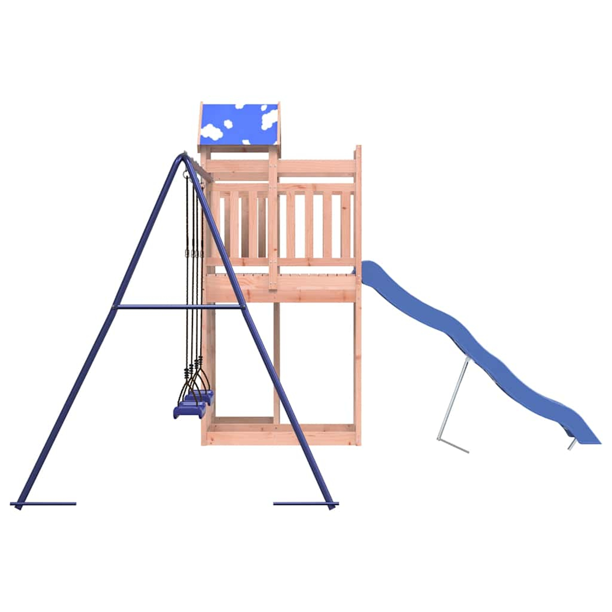 Ein Spielturm mit Schaukeln und einer blauen Rutsche.