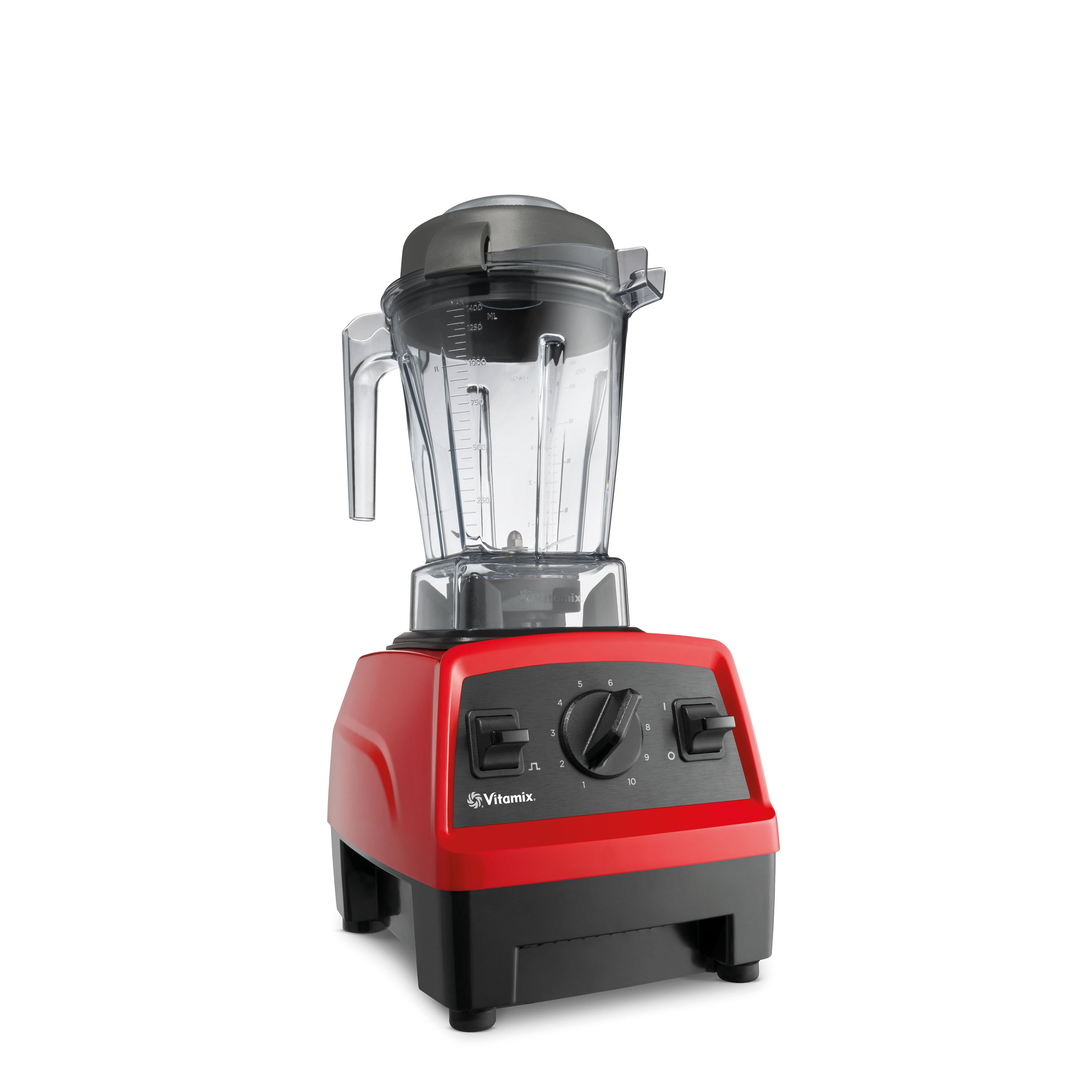 Ein roter und schwarzer Vitamix-Standmixer mit Messskala am Behälter.
