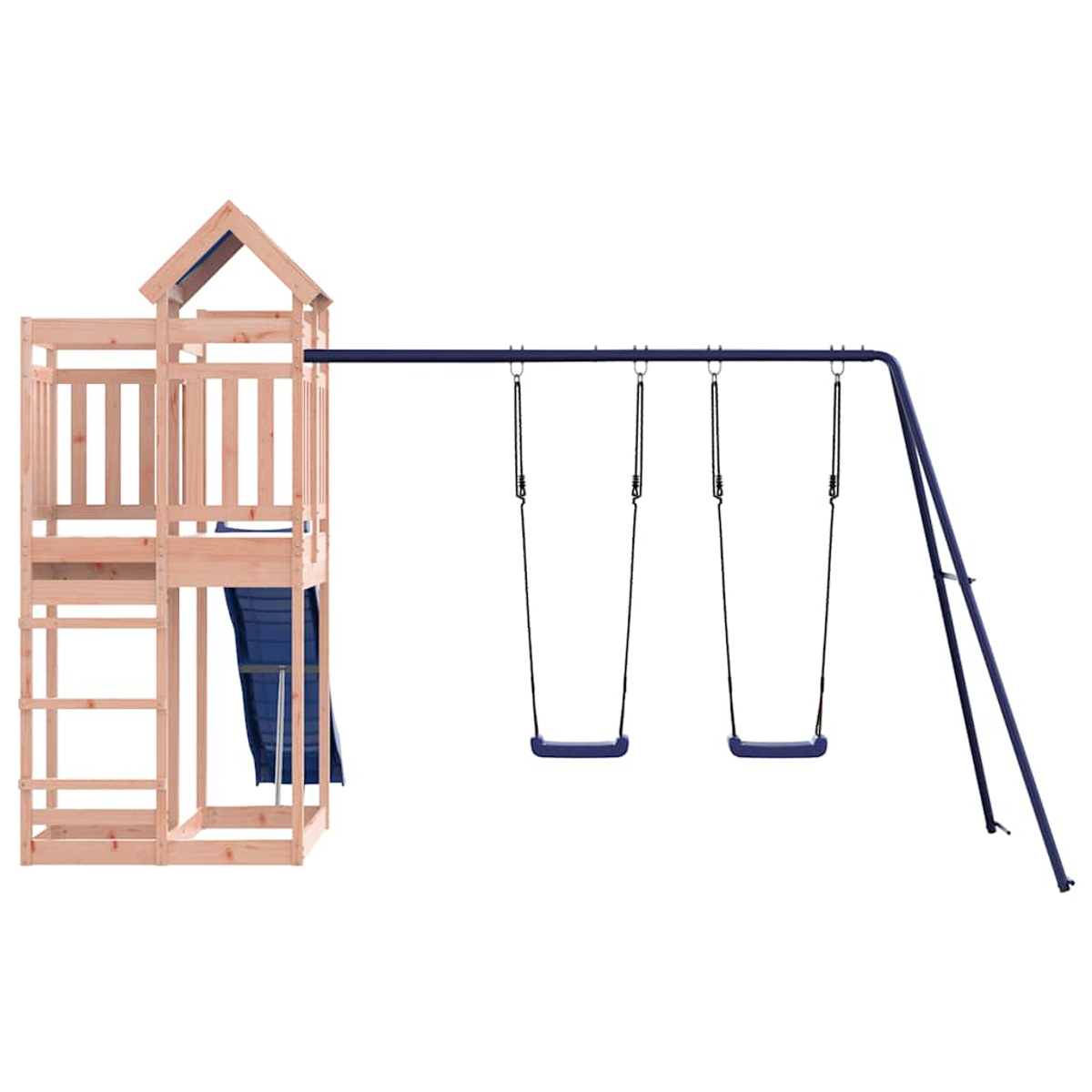 Holzspielhaus mit Leiter und Rutsche neben einer blauen Schaukel mit zwei Schaukeln.