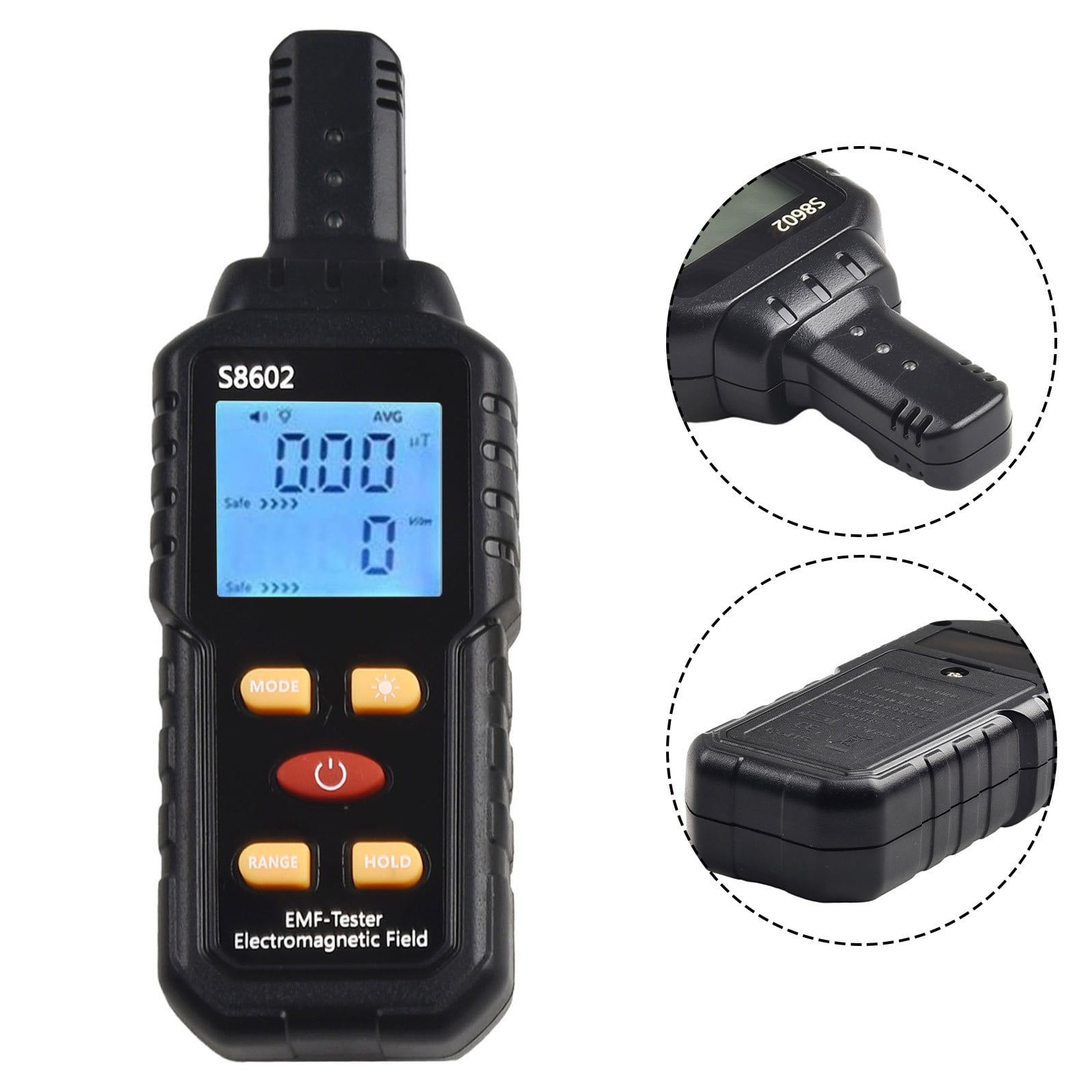 Schwarzer EMF-Tester mit blauem LCD-Display und Tasten. Zeigt 0.00 uT an.