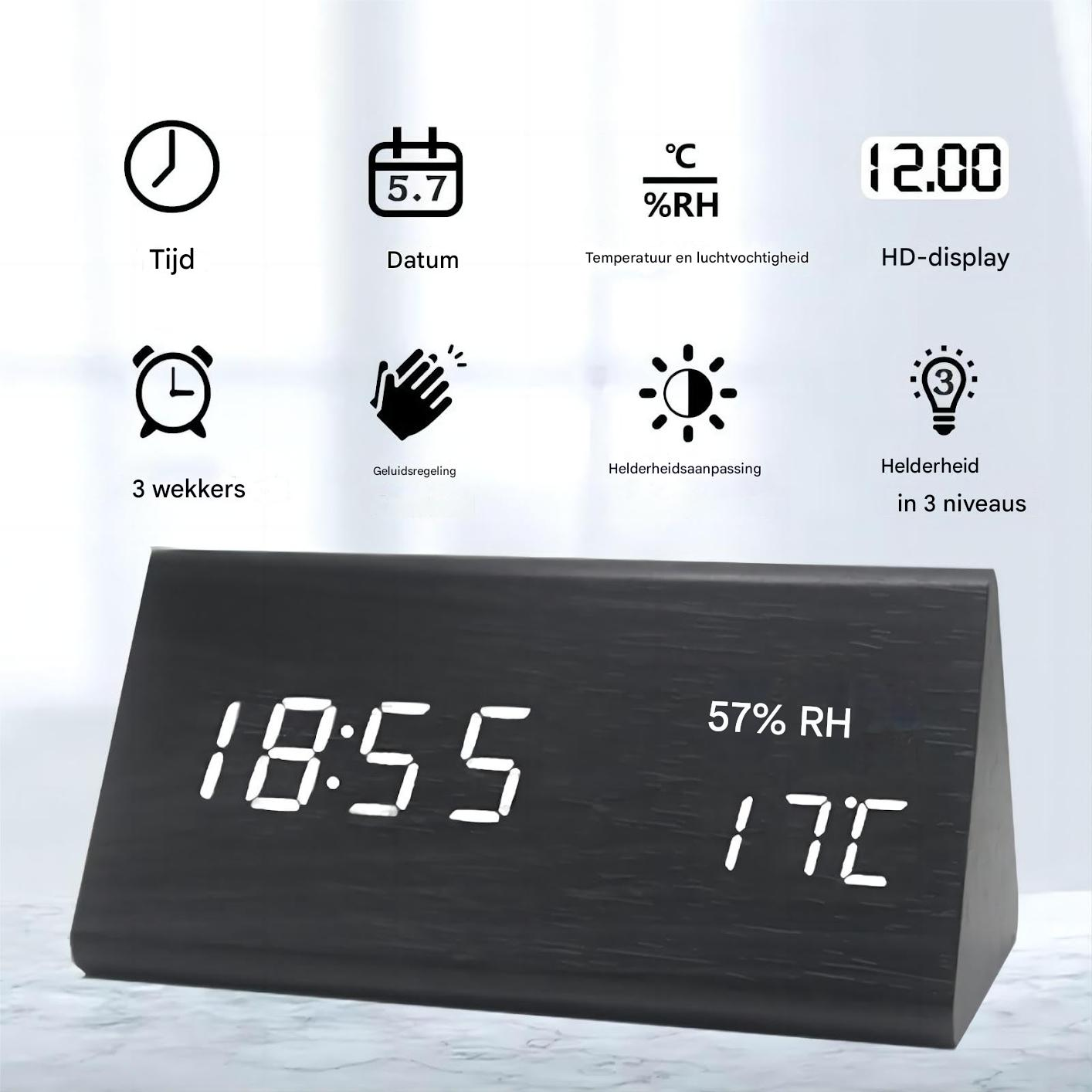 Digitaler Holzwecker zeigt 18:55 Uhr, 57% RH und 17°C an.