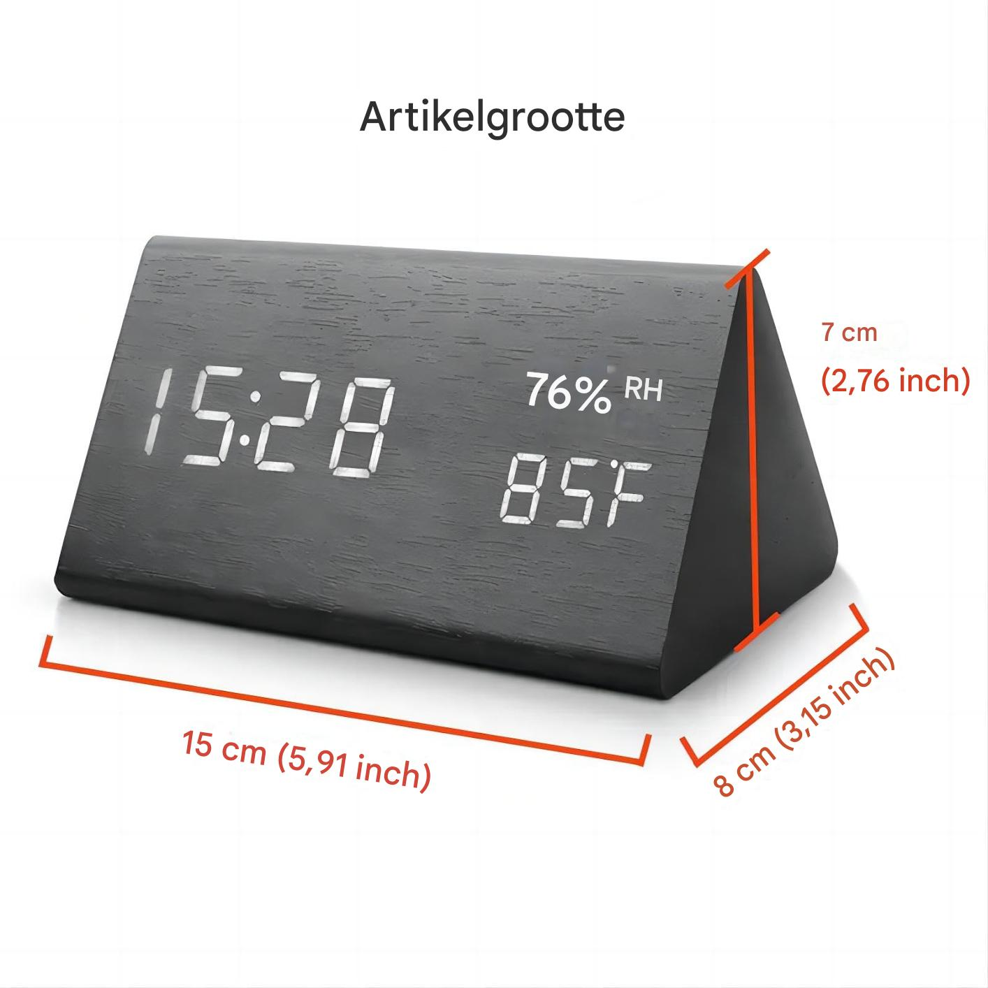 Eine schwarze Digitaluhr zeigt 15:28, 76% RH und 85F an. Maße angegeben.