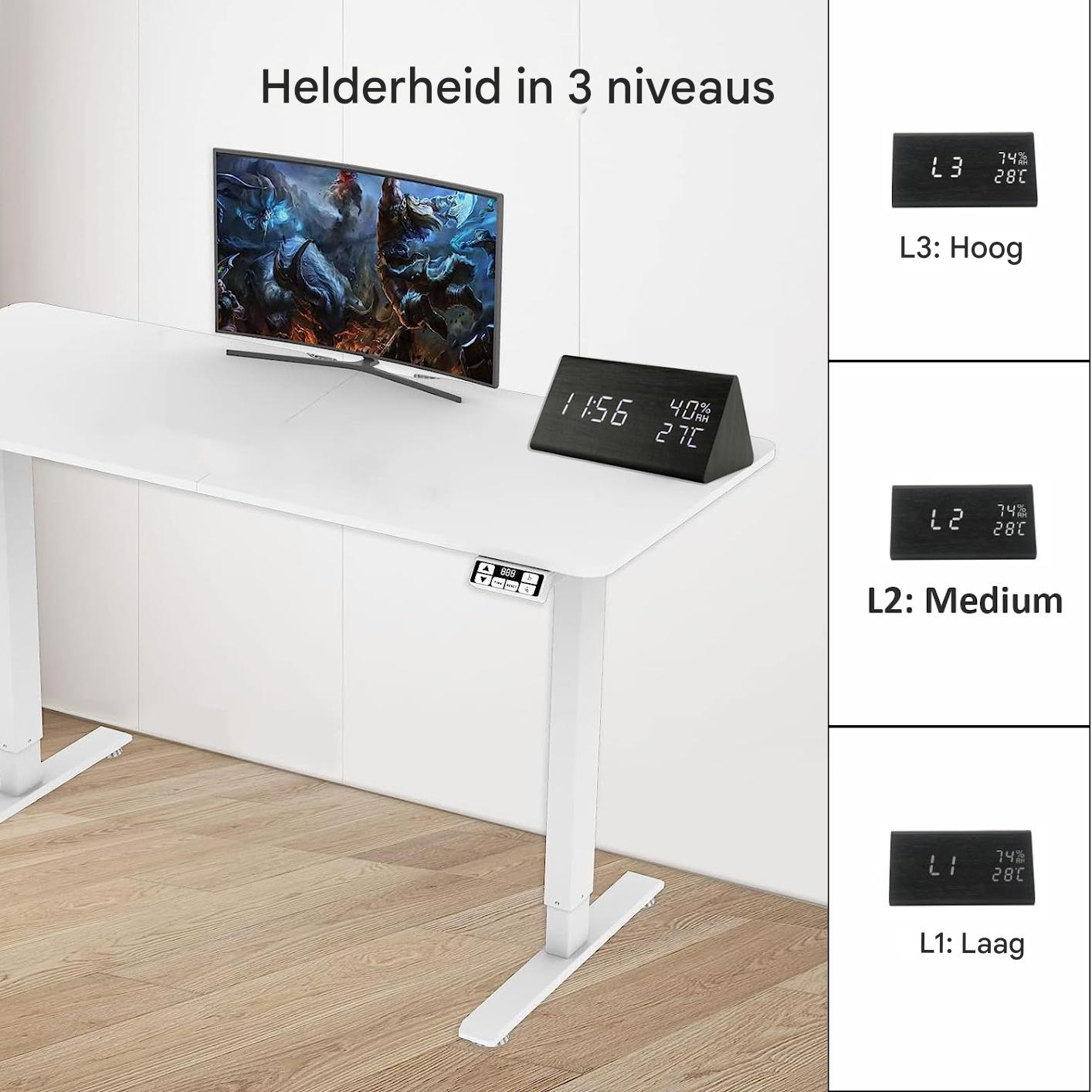 Ein weißer Schreibtisch mit einem Monitor, einer Uhr und Bedienelementen.