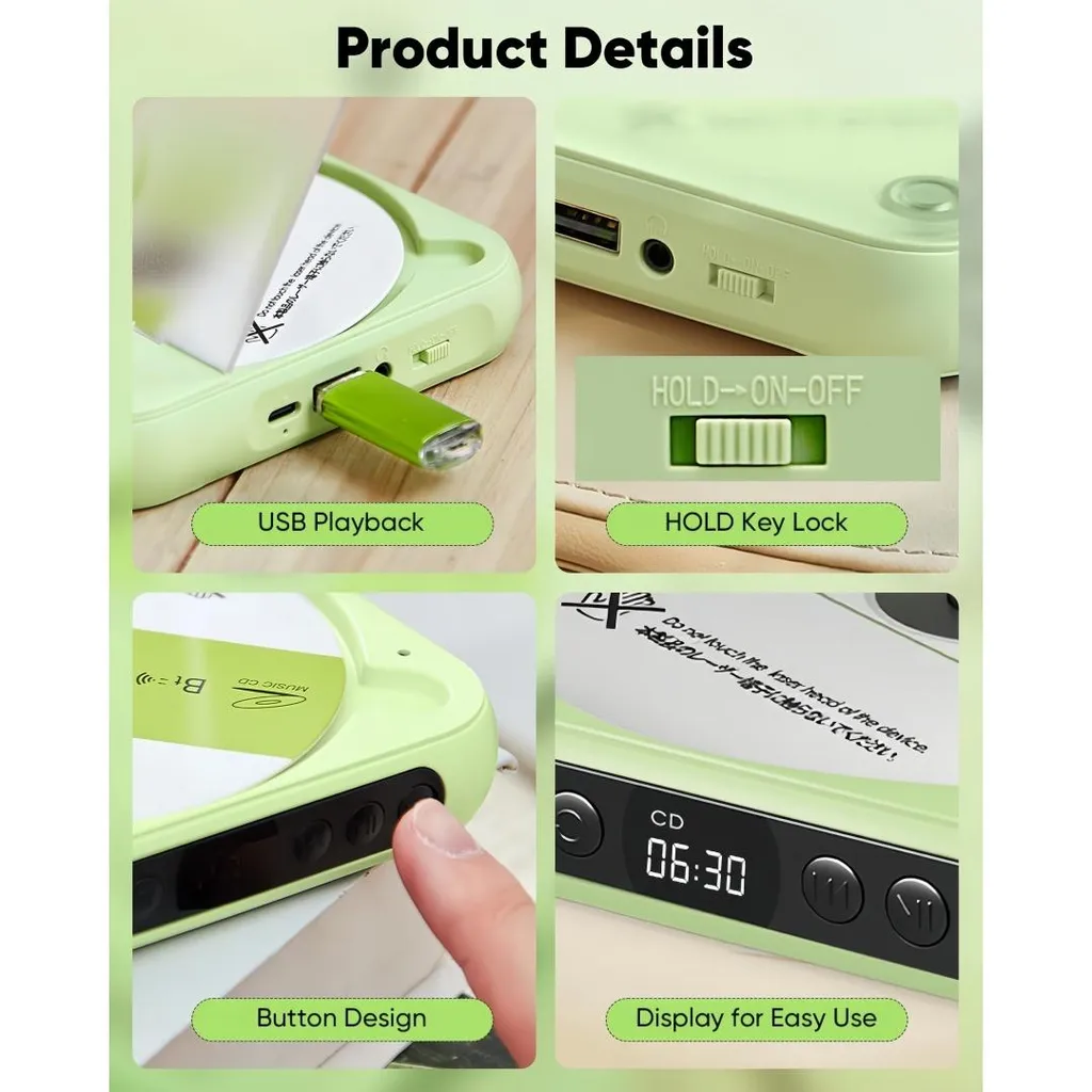 Produkt-Details: CD-Player mit USB-Wiedergabe, Tasten und Display.
