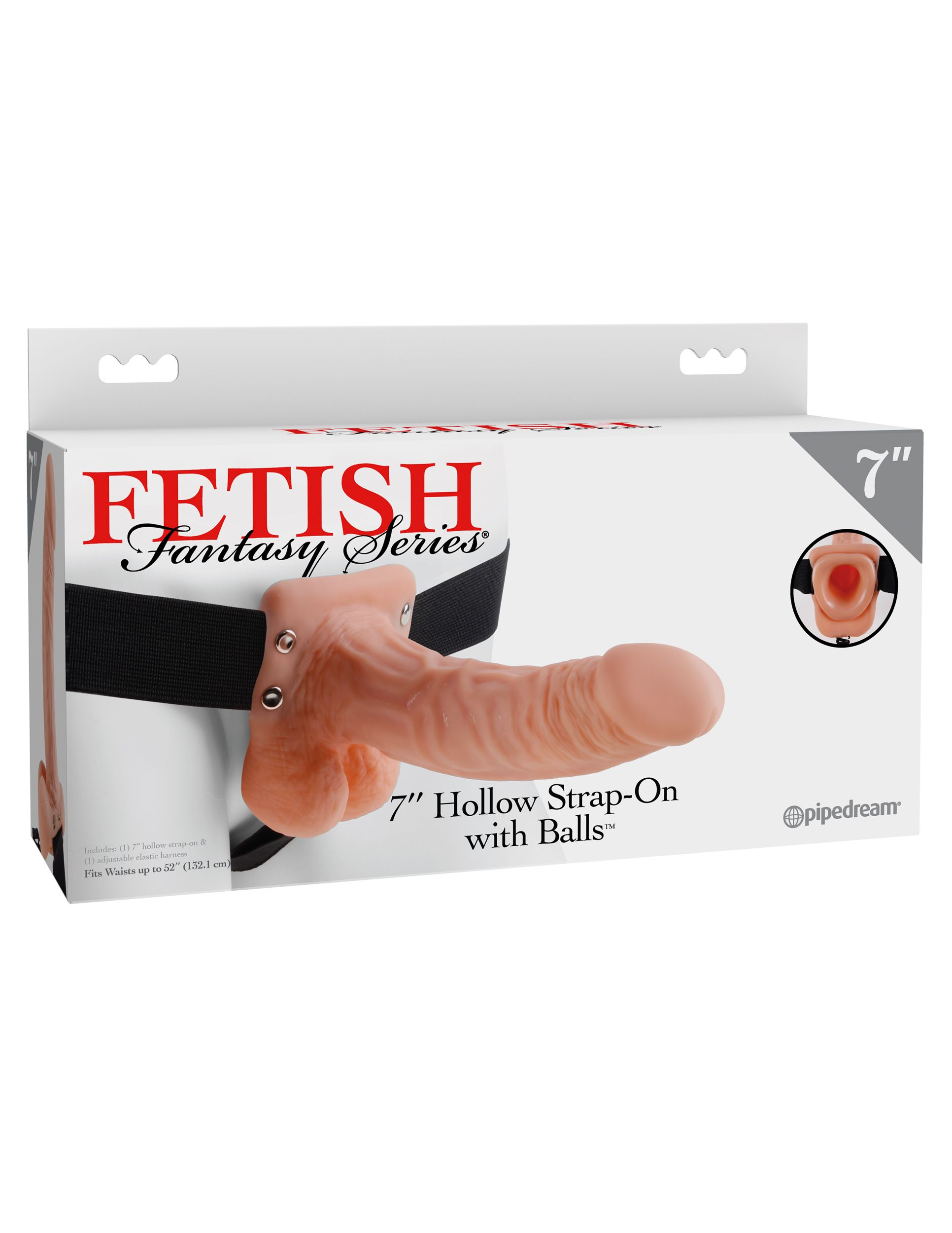 Verpackung für einen 7-Zoll-Strap-On mit Hoden und einem Gurt.