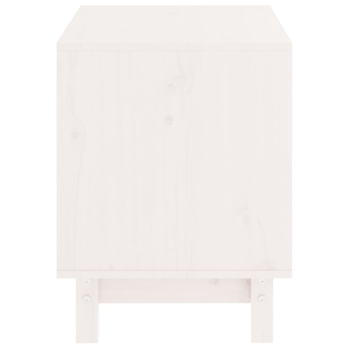 Ein weißer Holzschrank mit sichtbarer Holzmaserung und Beinen.