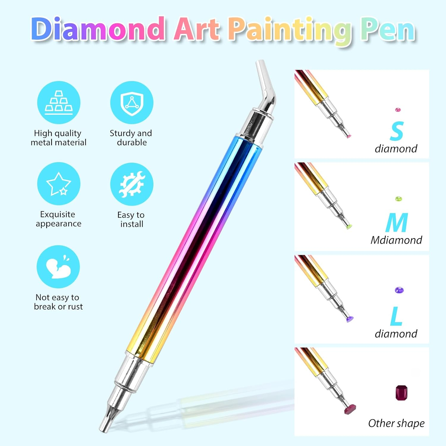 Diamond Art Malstift mit verschiedenen Diamantgrößen: S, M, L und andere Formen.