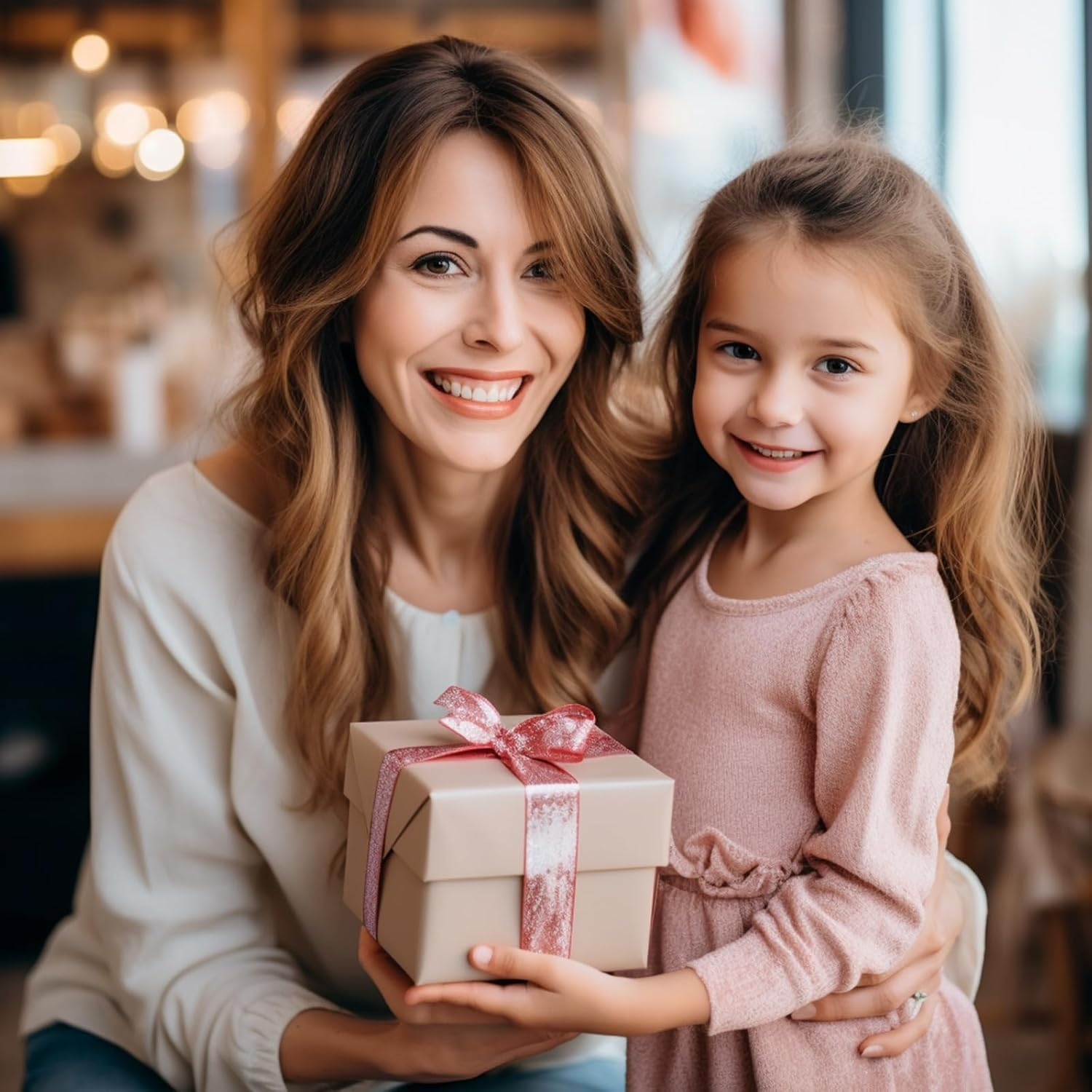Frau und Kind halten ein Geschenk mit Schleife, lächeln und umarmen sich.