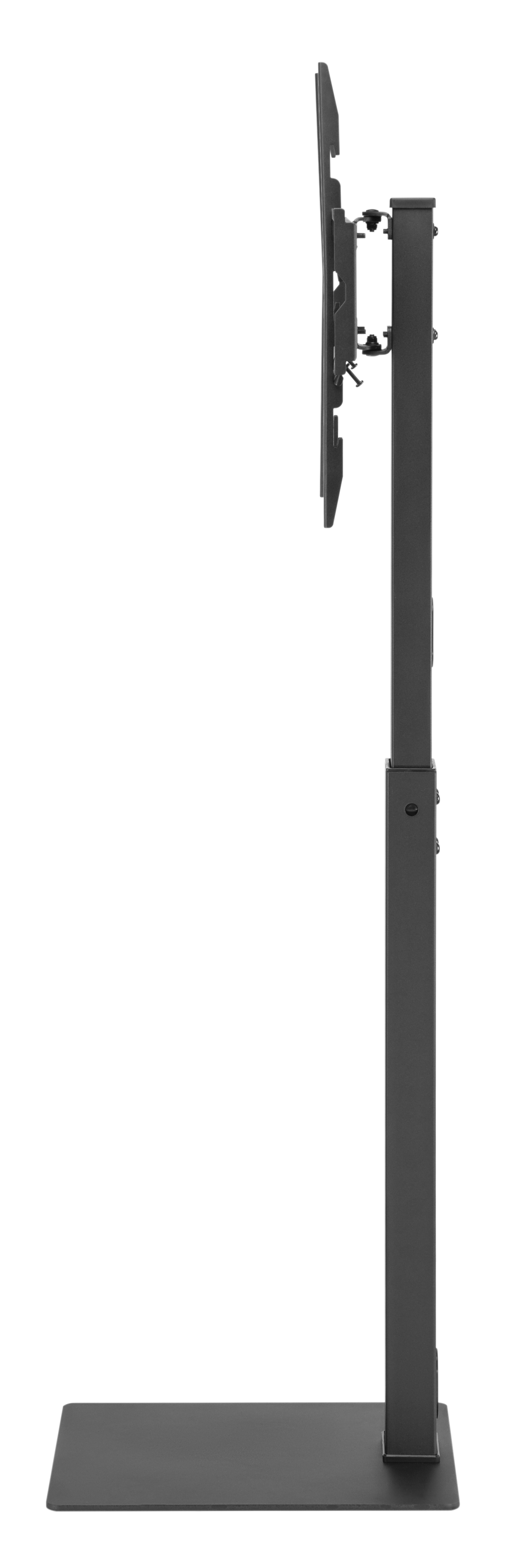 Ein schwarzer TV-Ständer mit verstellbarer Säule und flacher Basis.