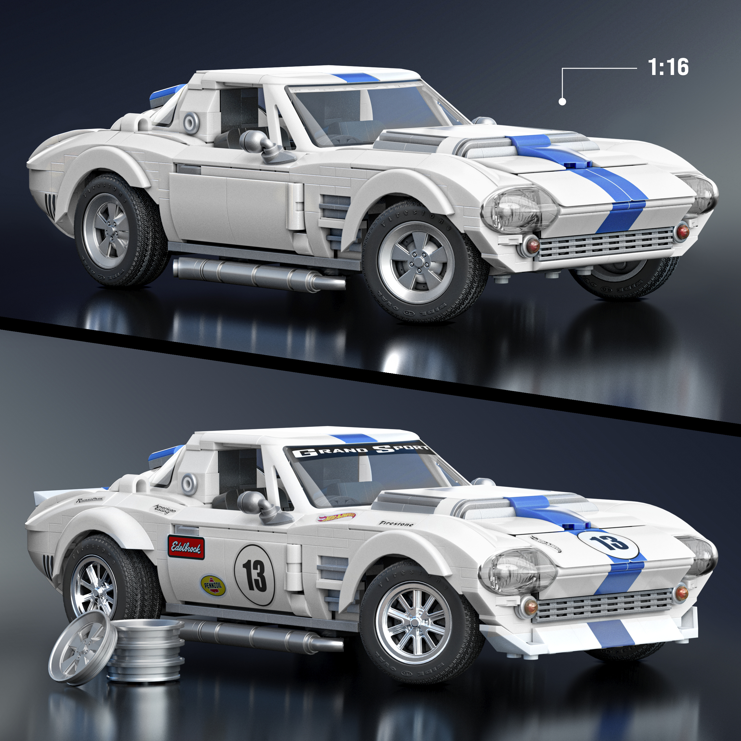 Une voiture de course Lego blanche à rayures bleues, modèle à l'échelle 1:16.