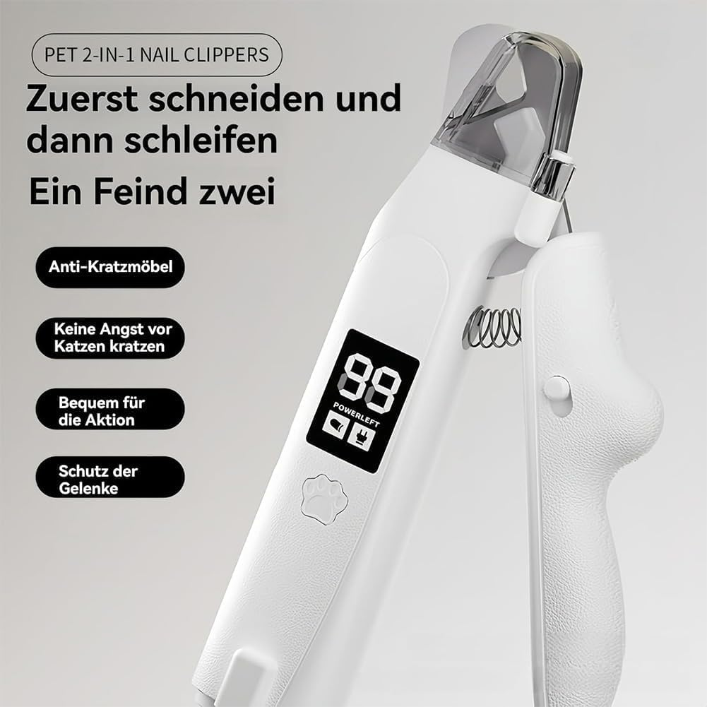 Ein weißer Nagelknipser für Haustiere mit digitaler Anzeige und Aufsätzen.