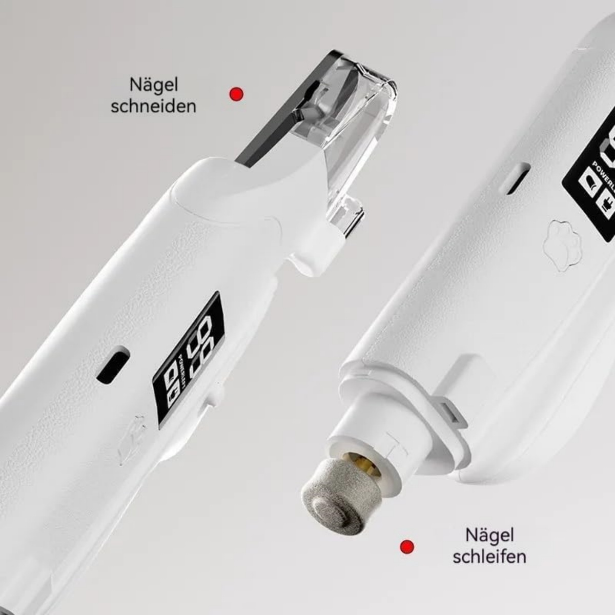 Zwei weiße Nagelscheren für Haustiere. Eine zum Schneiden, eine zum Schleifen.