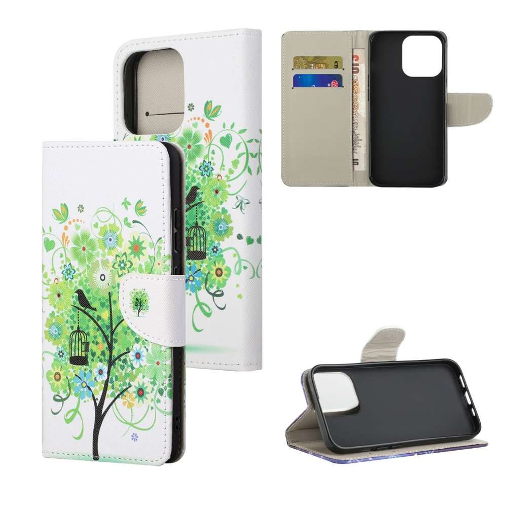 Custodia bianca per telefono con motivo floreale verde e uccello. Include slot per carte.