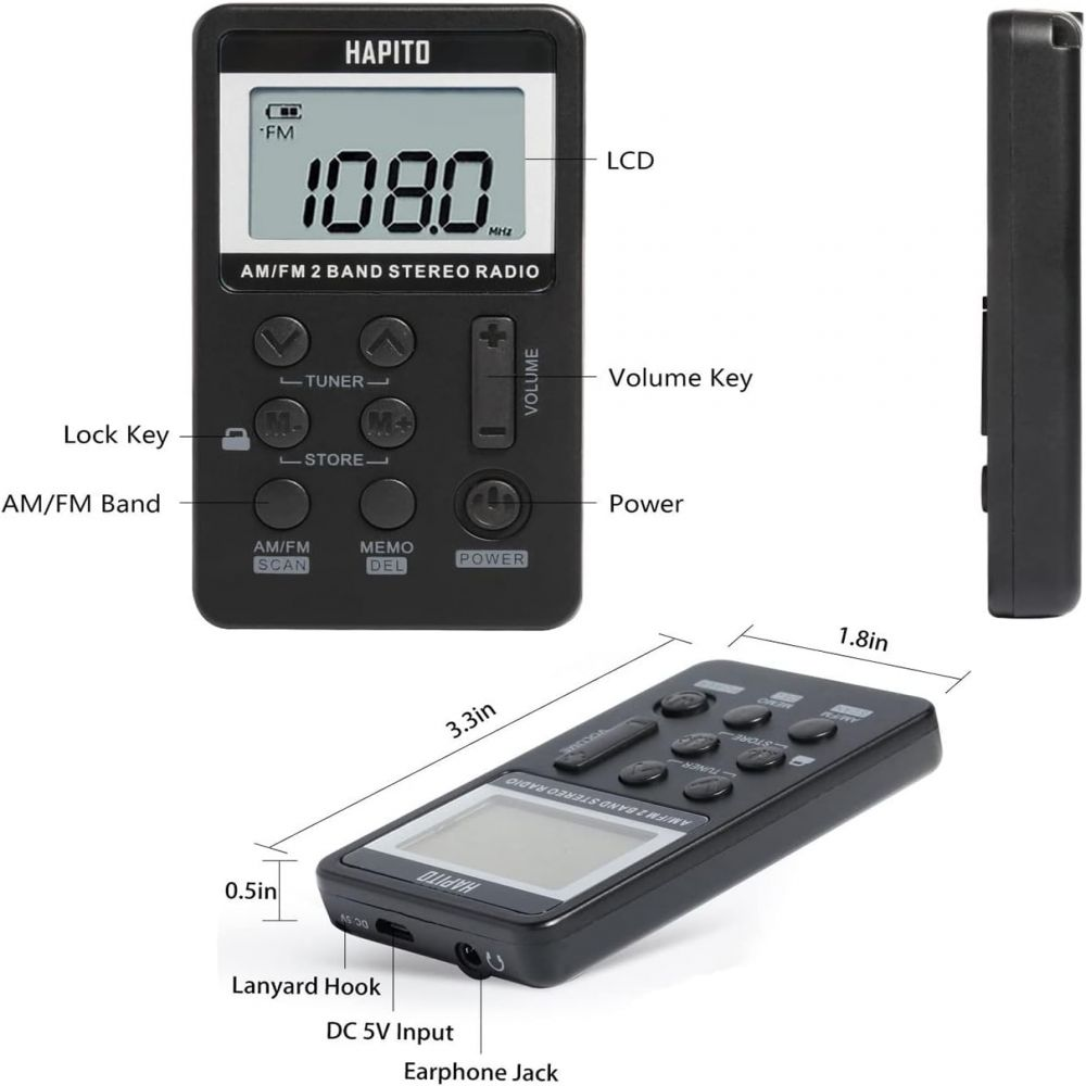 Ein tragbares AM/FM-Stereoradio mit LCD-Anzeige, Tasten und Anschlüssen.