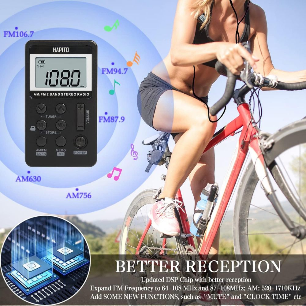Ein Mann auf einem Fahrrad, der ein Radio benutzt, mit Musiknoten und Text.