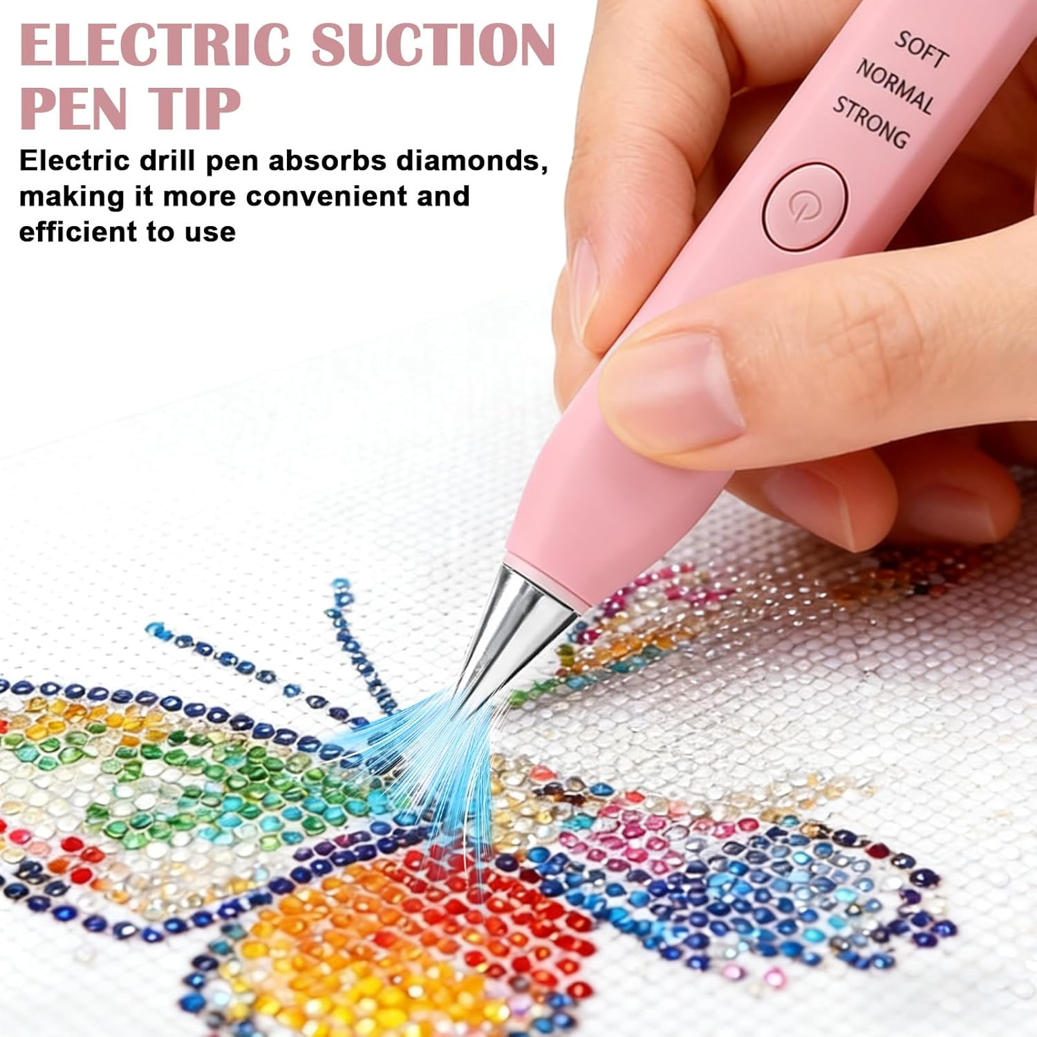 Pinker Elektrischer Stift mit Saugnapfspitze trägt blaues Licht auf farbenfrohen Diamantkunst-Schmetterling auf.
