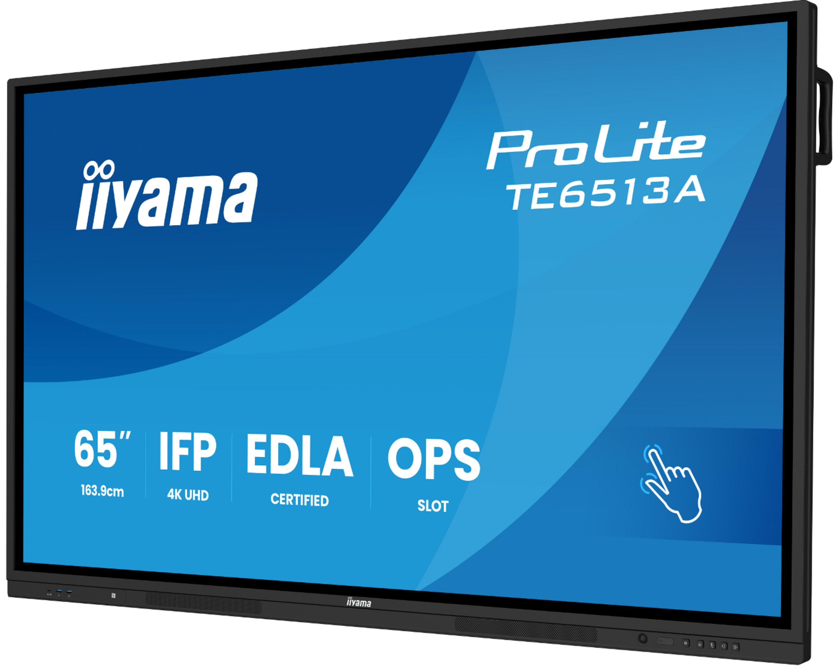 65-calowy ekran dotykowy iiyama IFP z ProLite TE6513A na niebieskim tle.