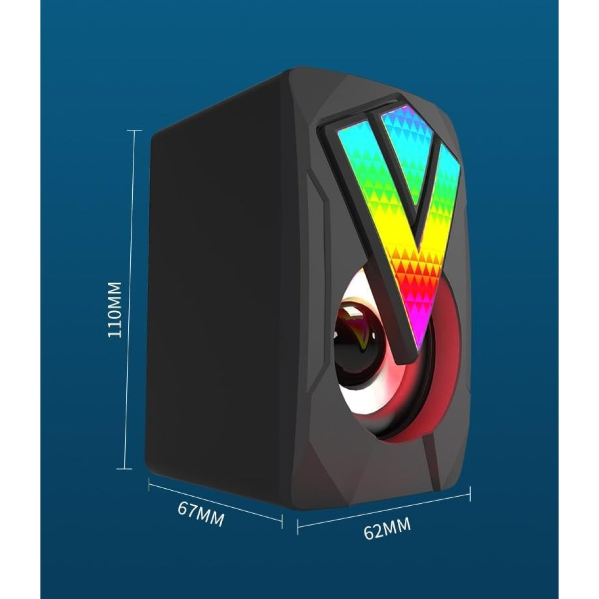 Schwarzer Lautsprecher mit V-förmiger RGB-Beleuchtung und Maßen.
