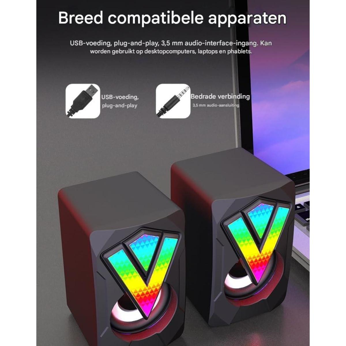 Zwei schwarze Lautsprecher mit bunten "V"-förmigen Lichtern und Text.