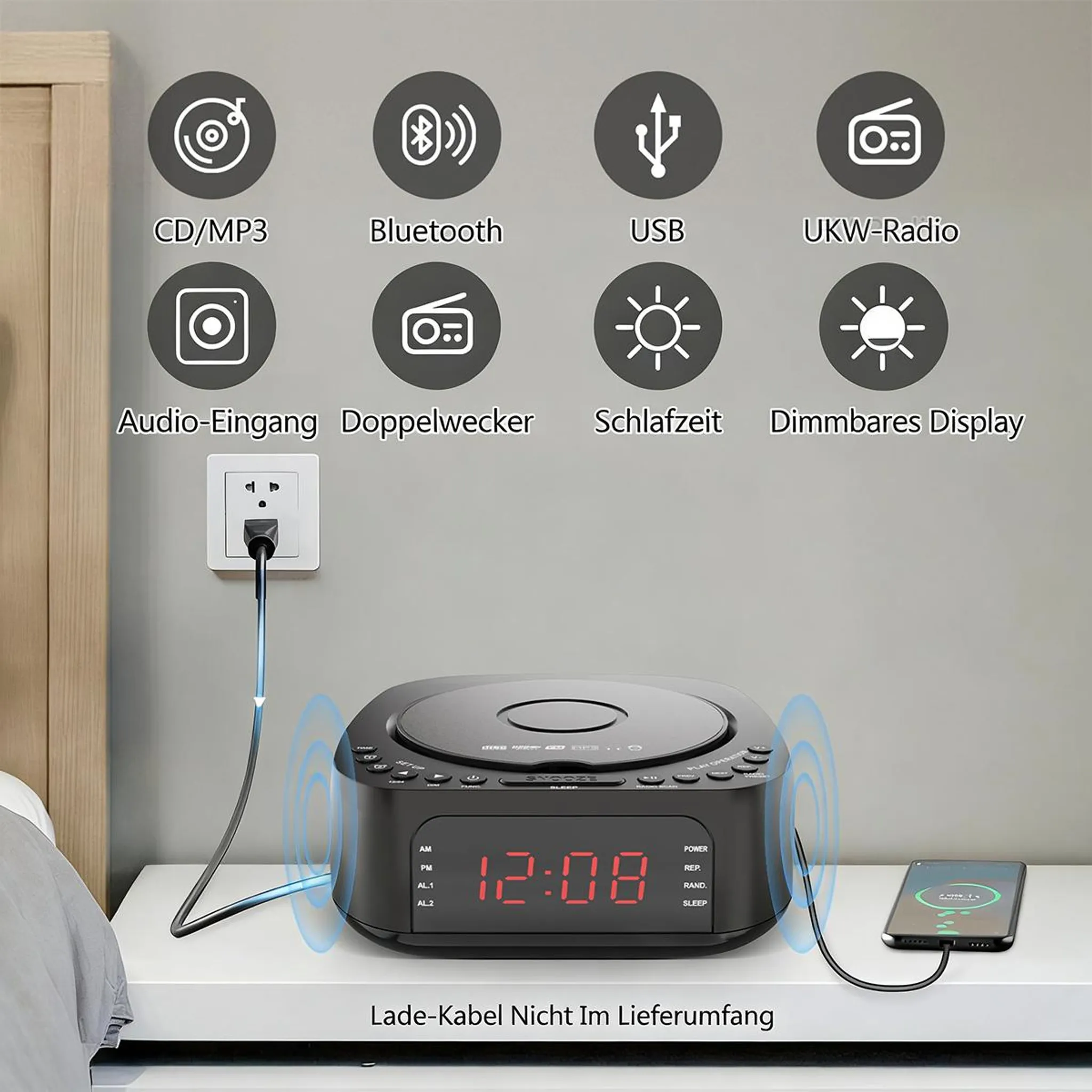 Ein Radiowecker mit CD-Player, USB und Bluetooth steht auf einem Nachttisch.