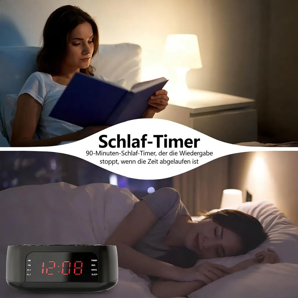 Frau liest im Bett, daneben ein Nachttisch. Unten eine schlafende Frau neben einem Radiowecker.