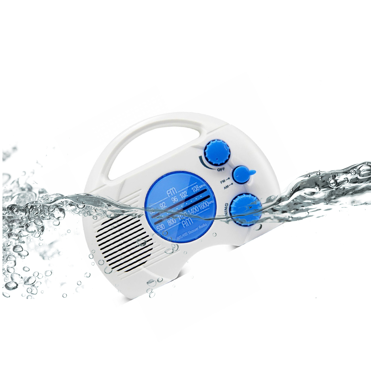 Ein weißes AM/FM-Duschradio mit blauen Akzenten ist teilweise in Wasser eingetaucht.