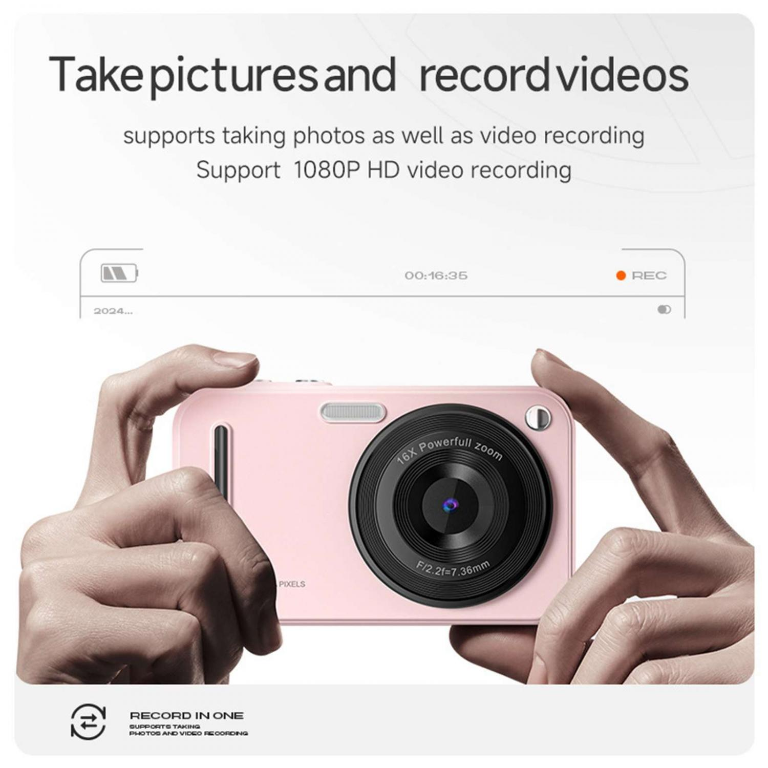 Eine rosafarbene Digitalkamera mit 16-fachem Zoom, gehalten von Händen.
