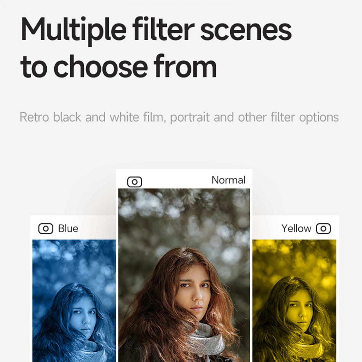 Drei Porträtfotos mit verschiedenen Farbfiltern: Blau, Normal und Gelb.