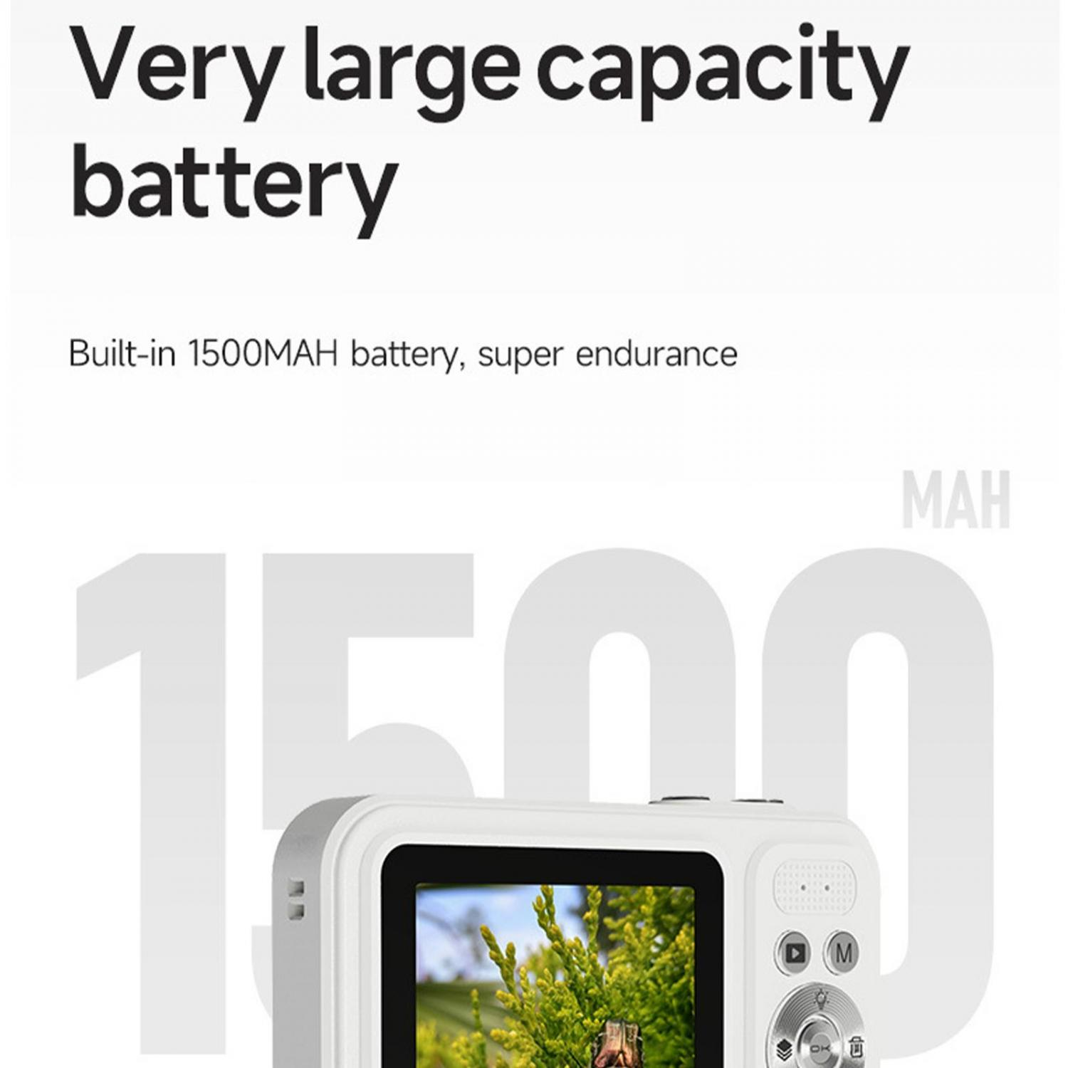 Weiße Digitalkamera mit 1500-mAh-Akku, großem Display und Tasten.