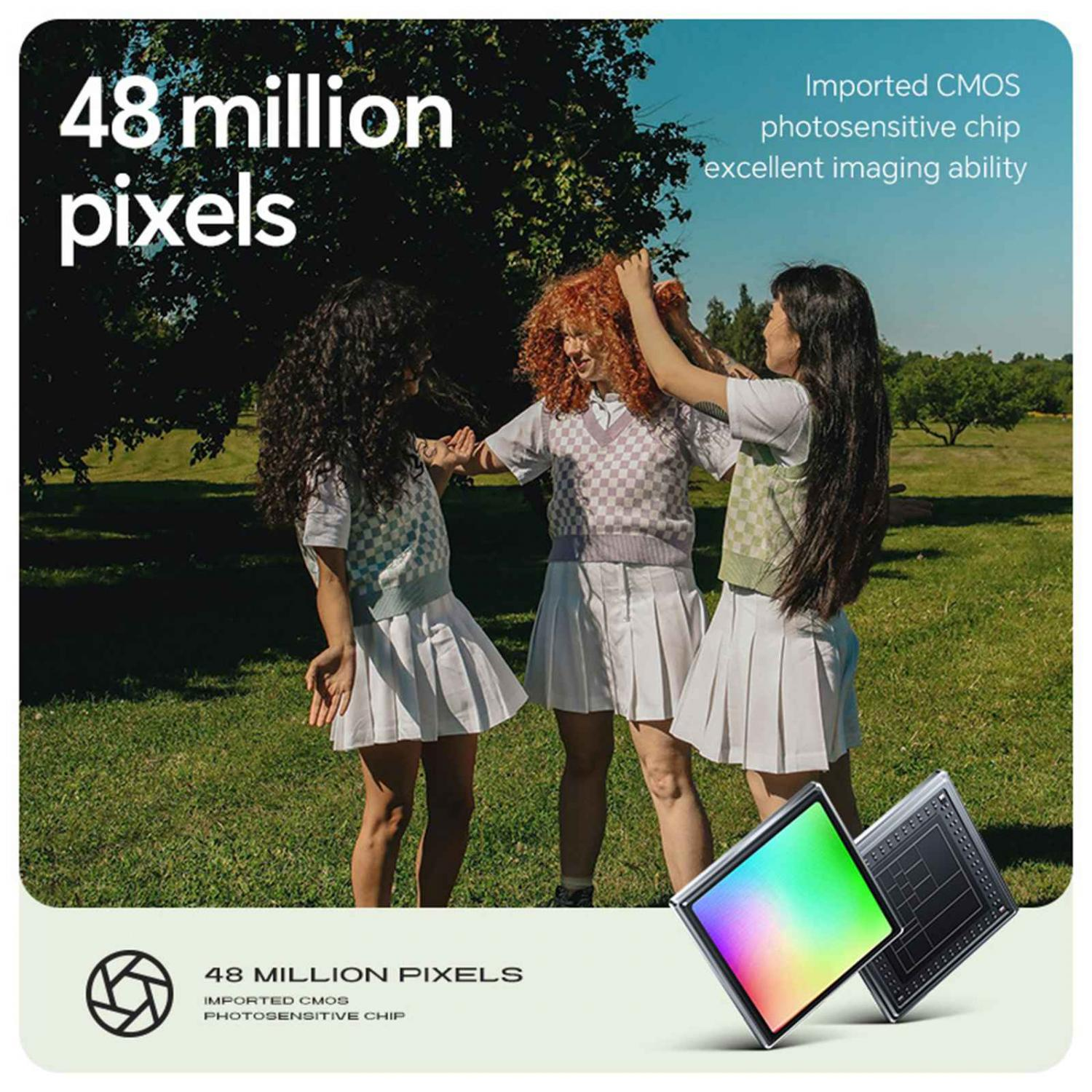 Drei junge Frauen im Freien, 48 Megapixel und CMOS-Chip-Grafiken.