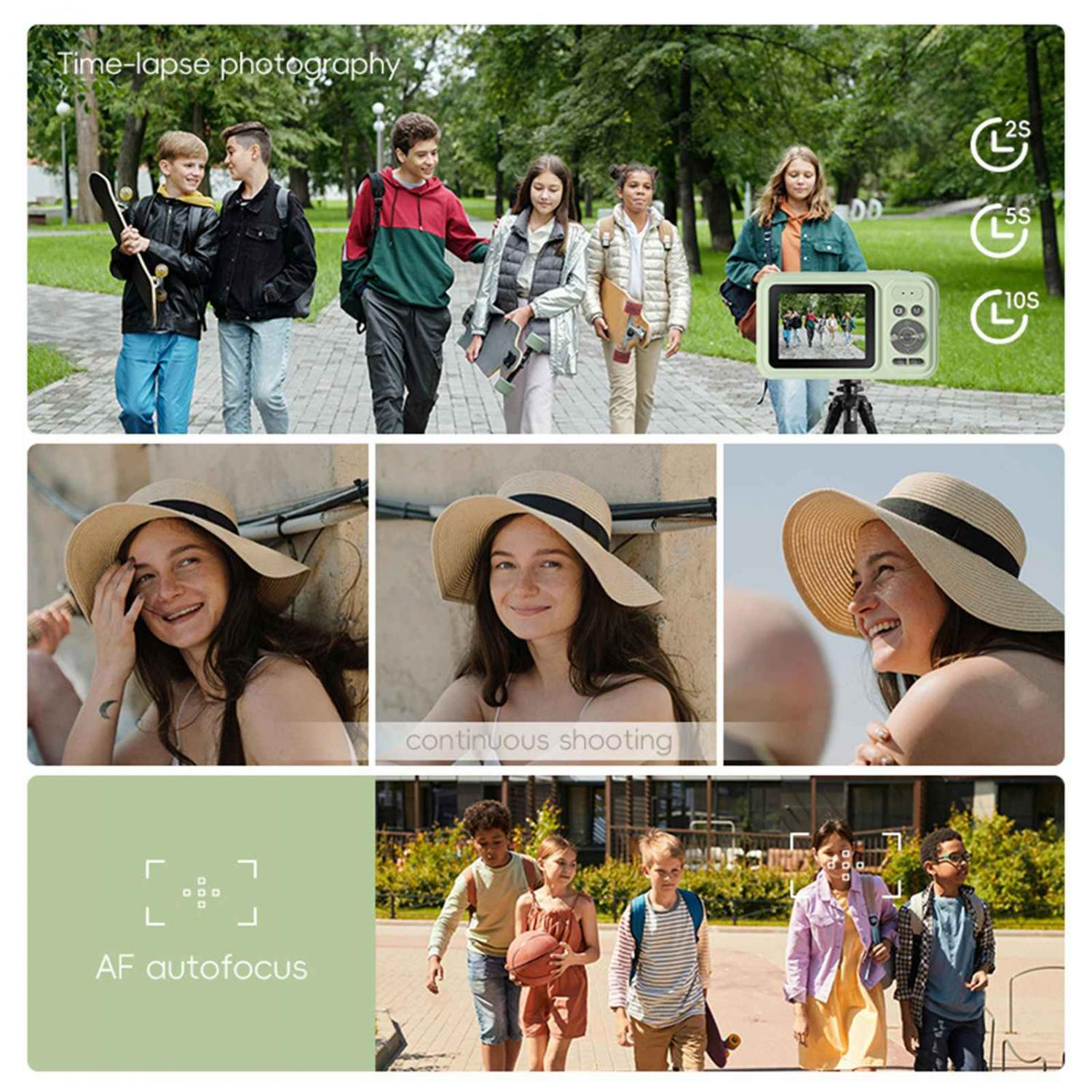 Gruppe von Kindern geht auf einem Weg; Nahaufnahmen von Frauen und Kamera mit Zeitraffer-Symbolen.