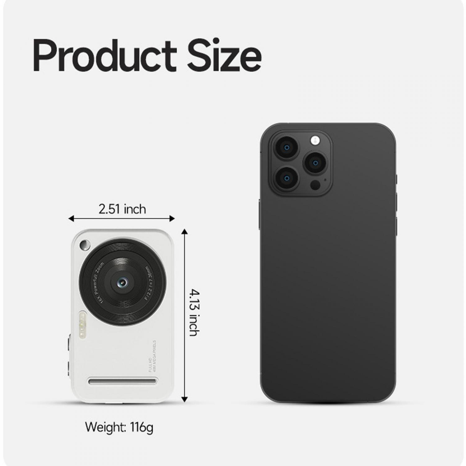 Produktgrößenvergleich: Weiße Kamera (2,51" B x 4,13" H, 116g) vs. schwarzes Handy.