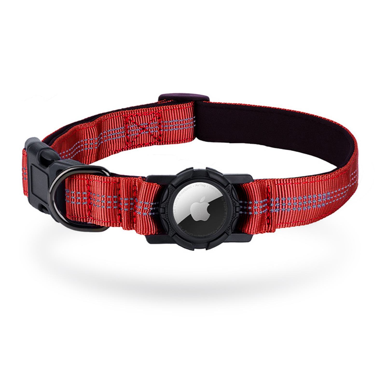 Roter Hundehalsband mit schwarzem Verschluss und Apple AirTag Halterung.