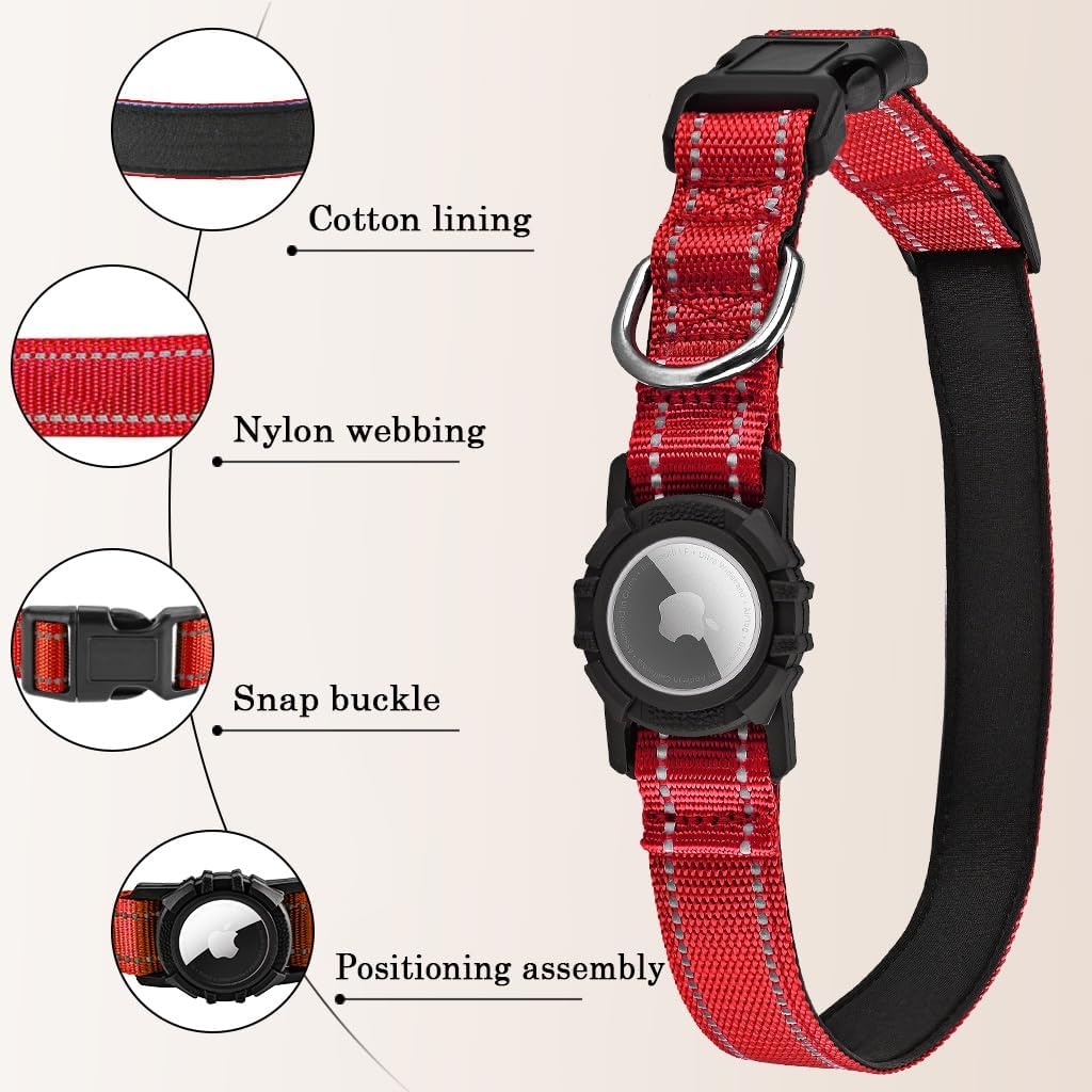 Rotes Hundehalsband mit AirTag-Halterung, Baumwollfutter, Nylongewebe, Schnappverschluss.