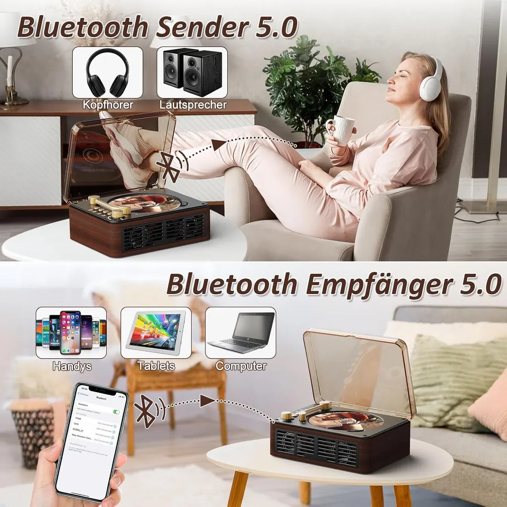Ein Plattenspieler mit Bluetooth-Sender und -Empfänger wird gezeigt.
