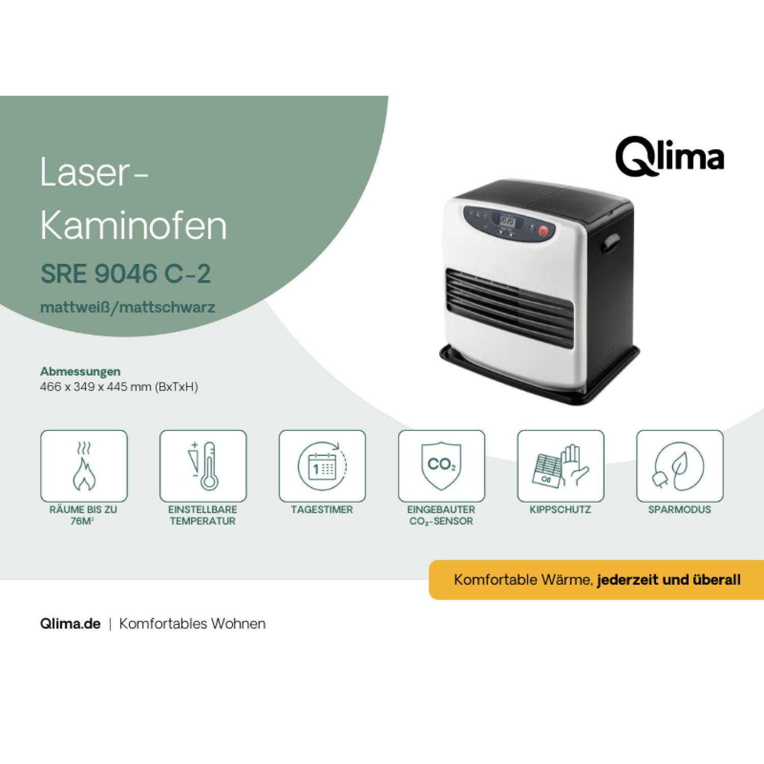 Stufa laser Qlima SRE 9046 C-2 bianco opaco/nero con funzioni.