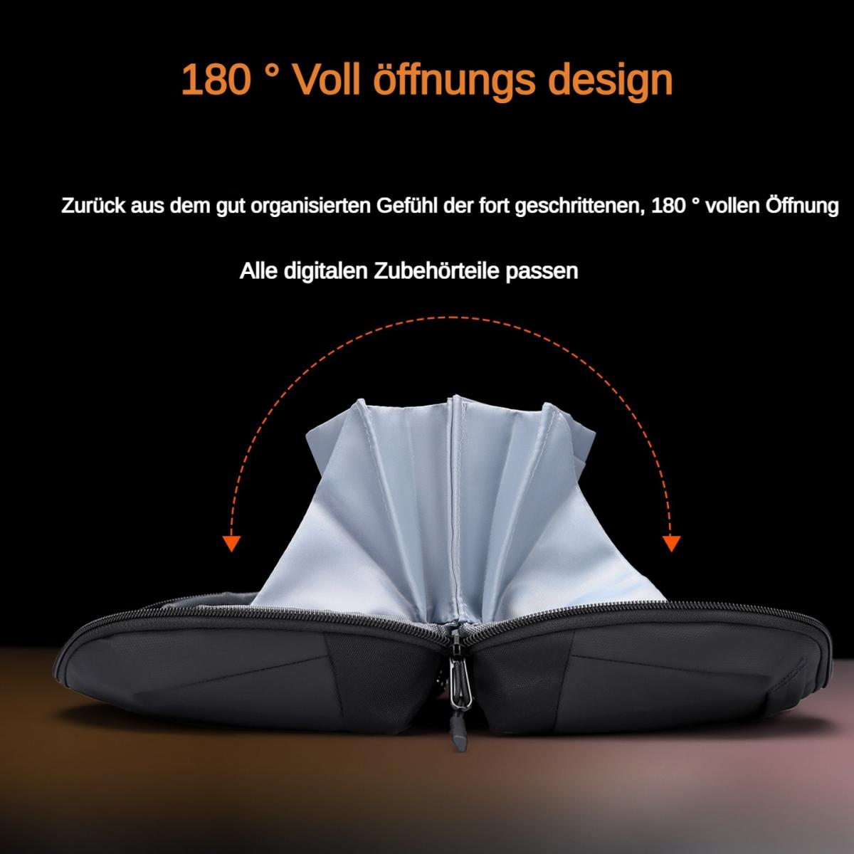 Ein schwarzer Organizer öffnet sich um 180 Grad, um digitale Geräte zu zeigen.