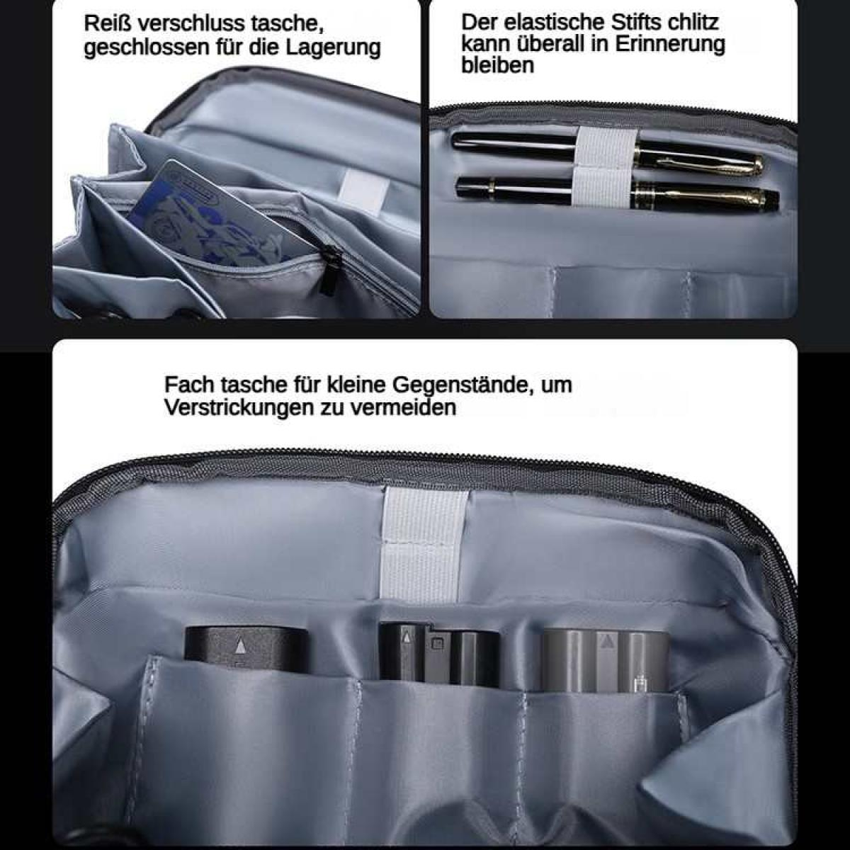 Graue Tasche mit Fächern für Stifte und kleine Gegenstände.