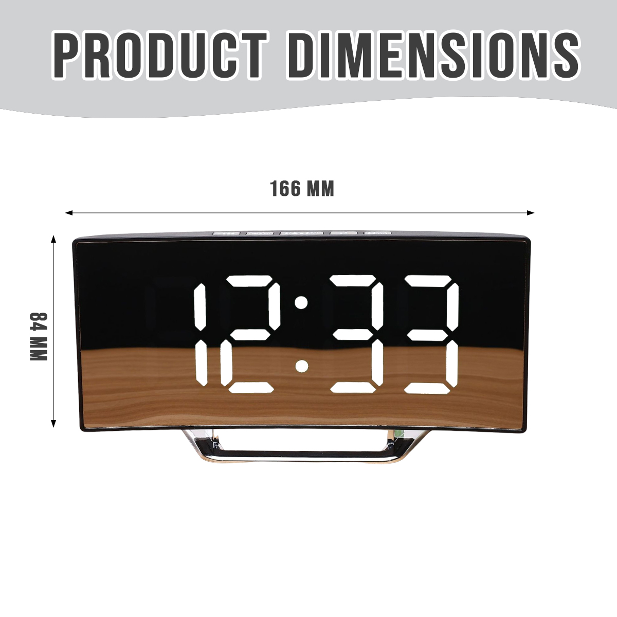 Digitaluhr zeigt 12:33, mit angegebenen Maßen 166mm x 84mm.