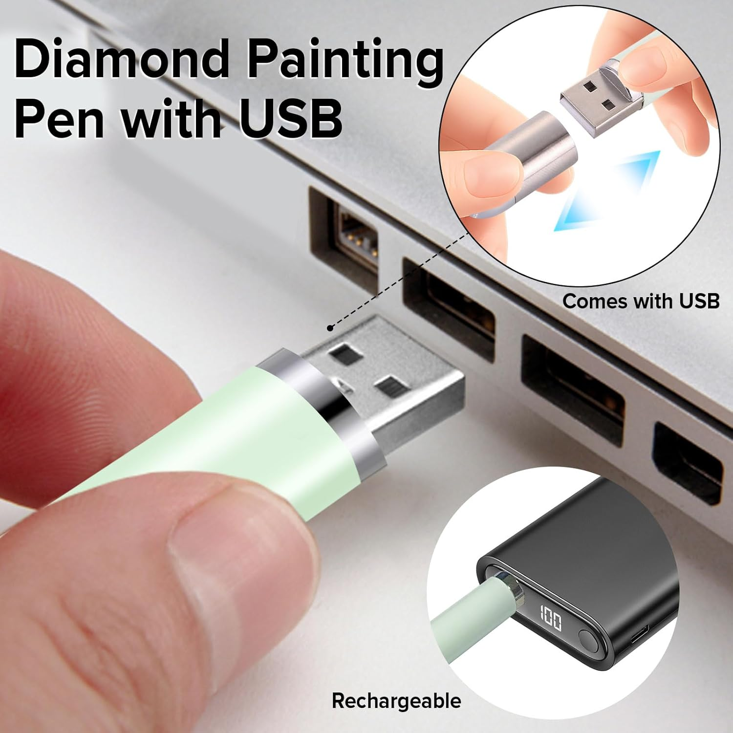Grüner Diamantmalstift wird in einen Laptop-USB-Anschluss gesteckt.