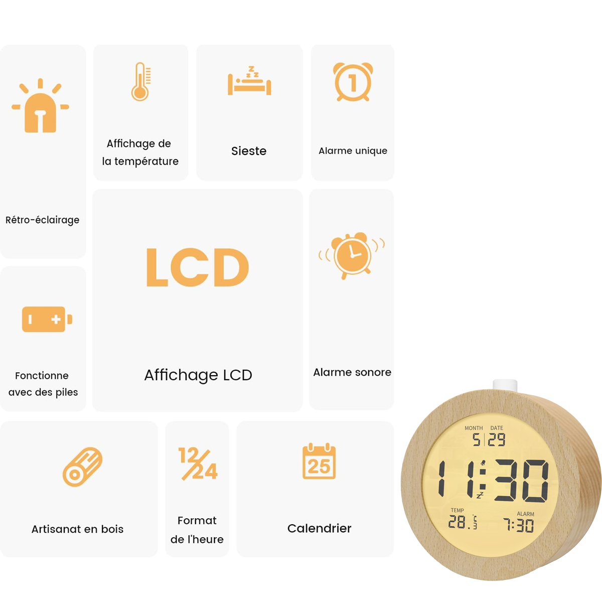 Holzwecker mit LCD-Anzeige zeigt Zeit, Datum, Temperatur und Alarm.