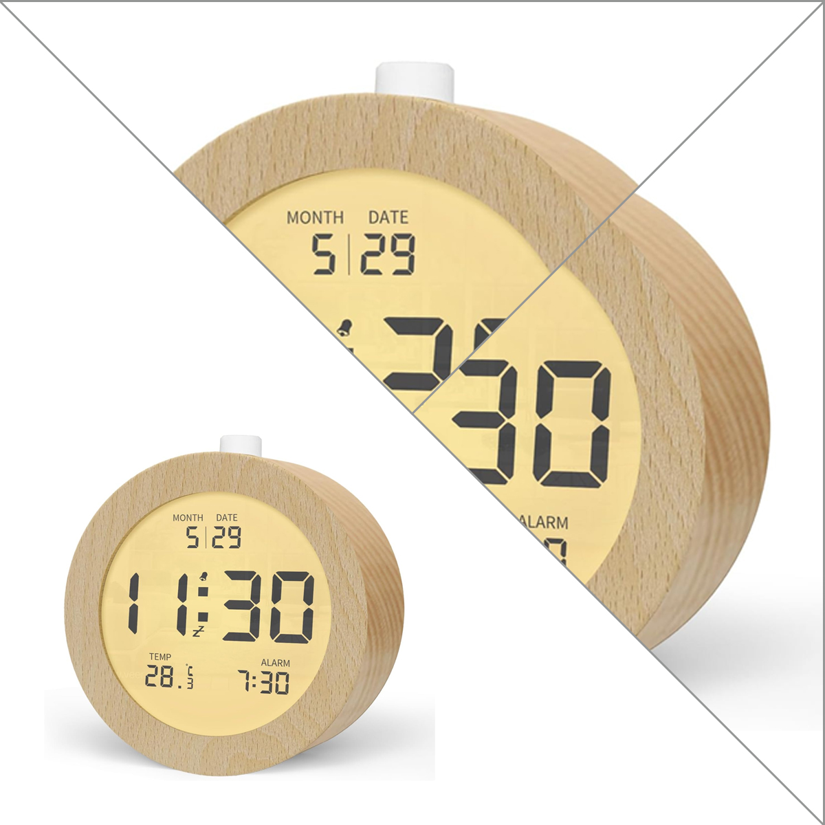 Ein runder Holzwecker mit digitaler Anzeige zeigt 11:30 Uhr und 28.5 Grad an.