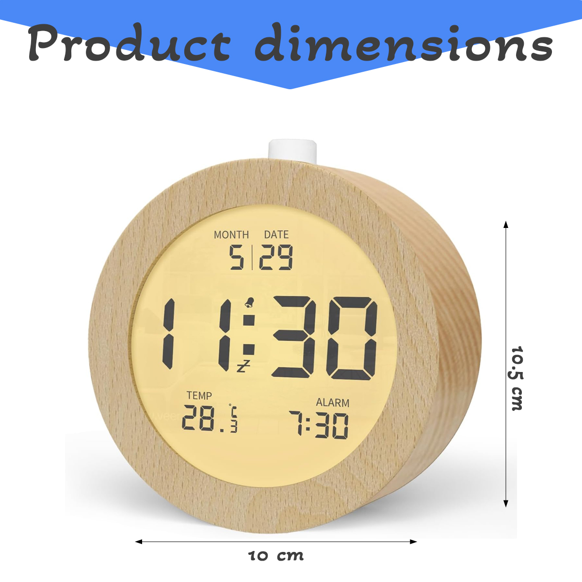Holzwecker mit digitaler Anzeige. Uhrzeit 11:30, Datum 5/29, Temp. 28.5, Alarm 7:30.