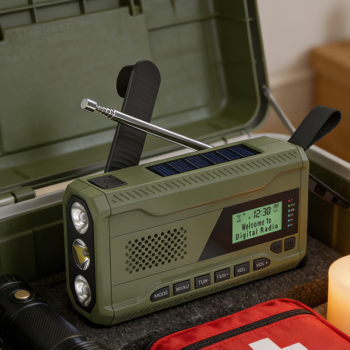 Grüne Notfallradio mit Solarpanel, Taschenlampe, Antenne und Display.